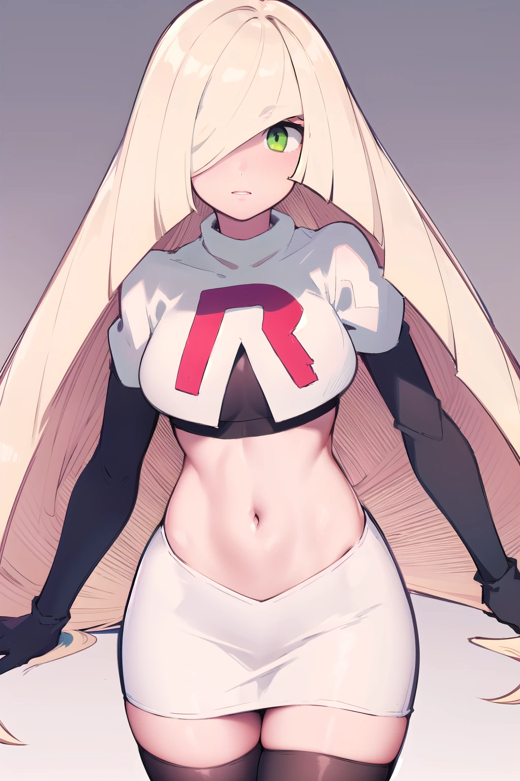 masterpiece,best quality,1girl,mature female,lusamine,blonde hair,green eyes,very long hair,(hair over one eye:1.3),team rocket,team rocket uniform,white skirt,red letter R,crop top,black thigh-highs,black elbow gloves,