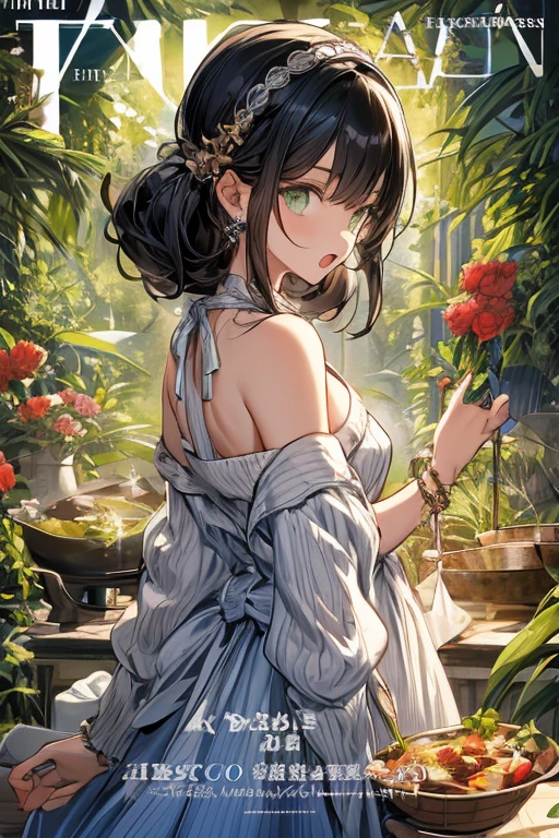 (small breasts:1.3), (perky chest:1.1), (pointed chest:1.0), (fashion magazine cover:1.3),(from below:1.0),(from side:0.9),masterpiece, 1girl, Amazing Cleavage:1.1, thin waist, big ass, Raised sexy, small breast: 1.3, posed cleavage:1.2、solo, looking at viewer, open mouth, have a cute grass of cute beergrass,black hair, dark green eyes, dress, bare shoulders, jewelry, collarbone, sidelocks, hairband, earrings, indoors, off shoulder, :o, sweater, arms behind back, plant, short hair with long locks, gild hairband, off-shoulder dress, sweater dress, off-shoulder sweater, red sweater, dark gord hair, big side hair, very long side hair,is rendered in (masterpiece: 1.2, best quality), with (ultra high resolution) and an exquisite (depth of field). This masterpiece is not only visually stunning but also tells,A scene of cooking in the kitchen by classroom