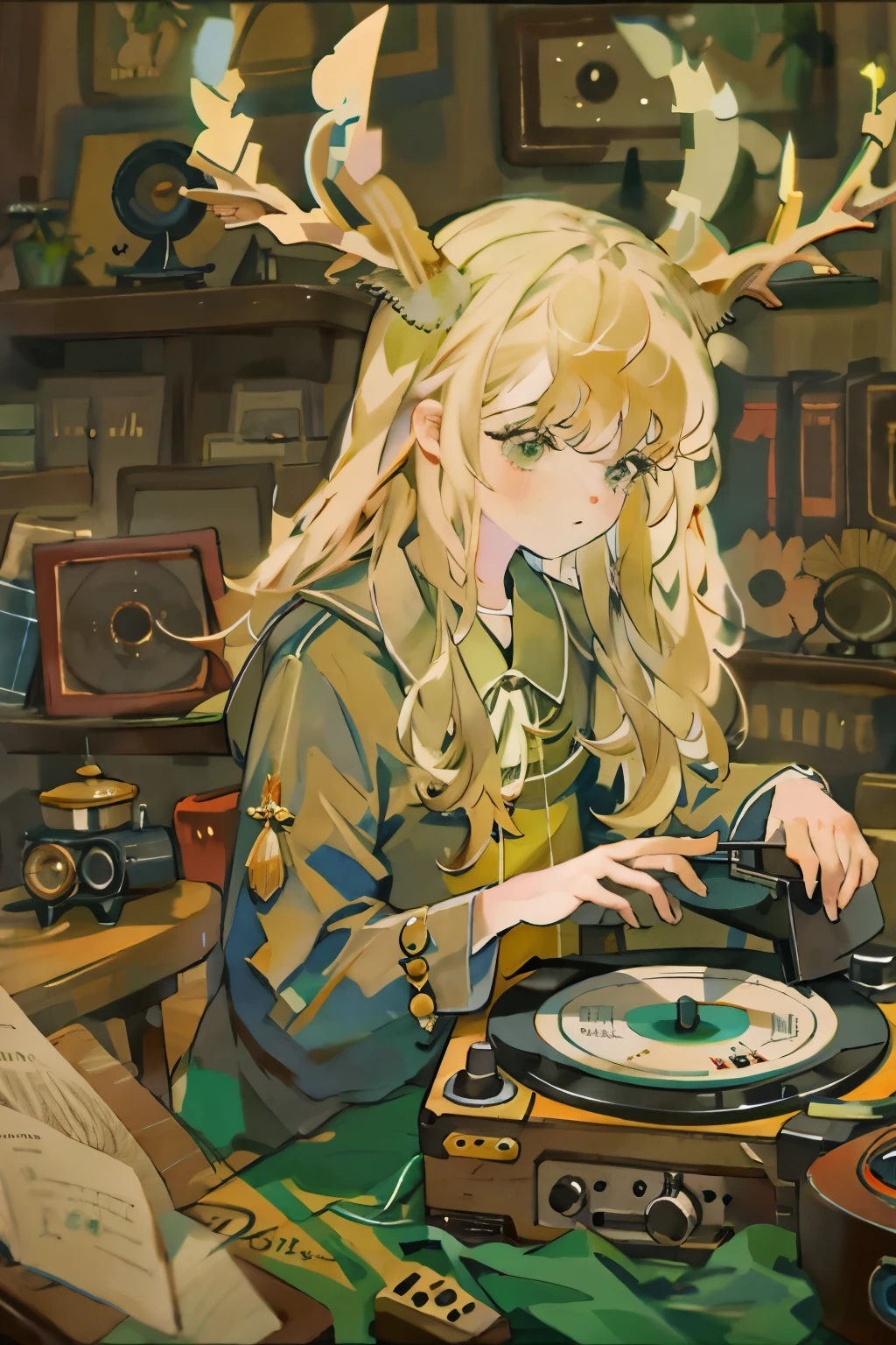   old record player , record player,old gramophone ,Deer horns are growing,Young, illustrations that highlight record players express highly detailed cover art effects。  This scene is very delicately drawn  , 1 girl has ,Alone,Soft lighting, has low contrast ,  cream colored hair with horns,Green Eyes,Wooden desk,Woodhouse,Show upper body,