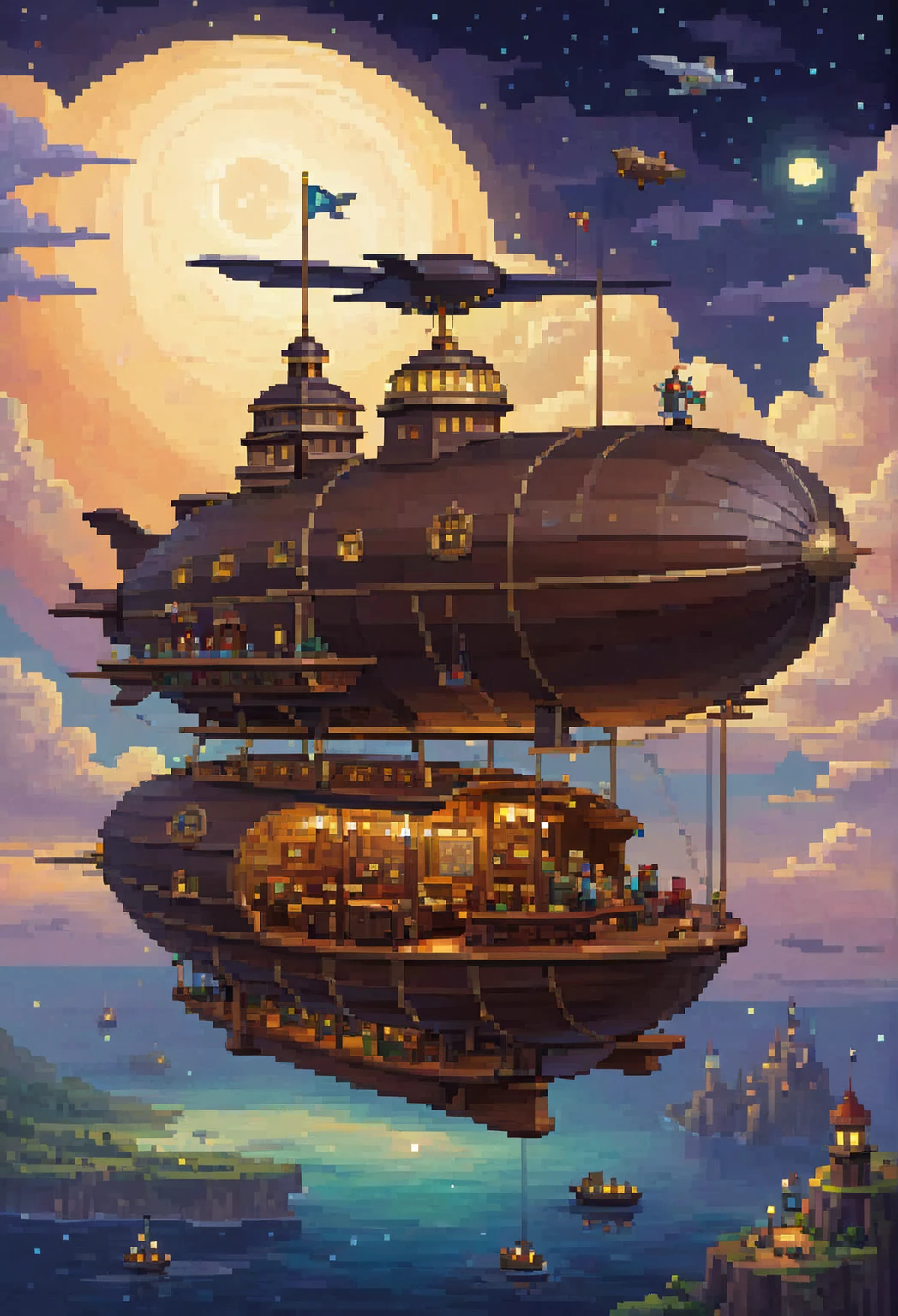 pixel art, 1 airship fantasy, night, clouds, stars, (sky)