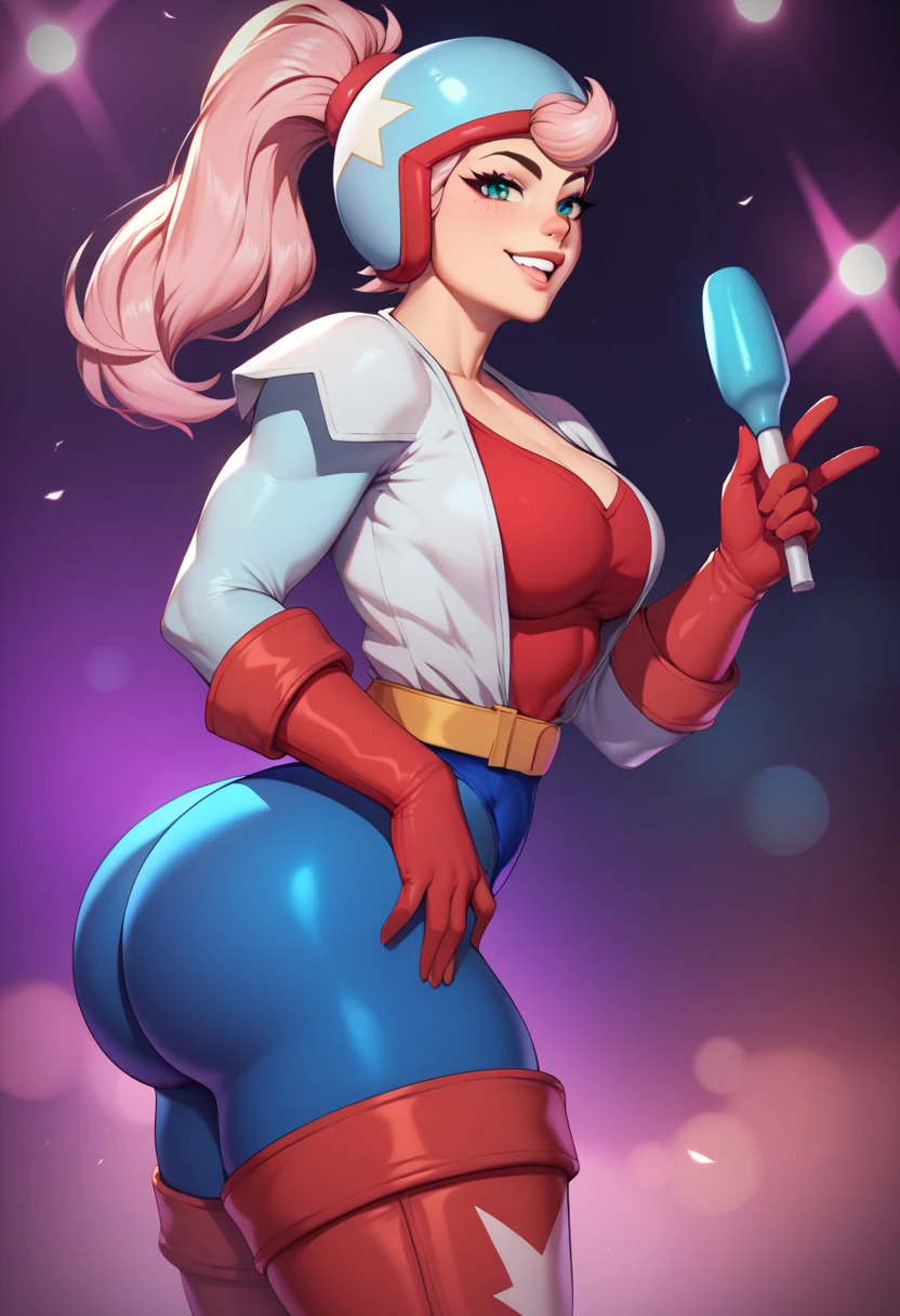 1 girl, beautiful, detailed, 8k, bsjanet, ponytail, helmet, multicolored clothes, blue leotard, long sleeves, red gloves, thigh boots, belt, Huge round firm tits, huge bubble butt, small waist, thick thighs, sexy, smiling at viewer, concert 