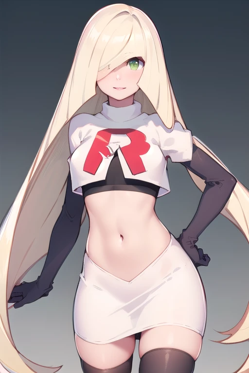 masterpiece,best quality,1girl,mature female,lusamine,blonde hair,green eyes,very long hair,(hair over one eye:1.3),team rocket,team rocket uniform,white skirt,red letter R,crop top,black thigh-highs,black elbow gloves,