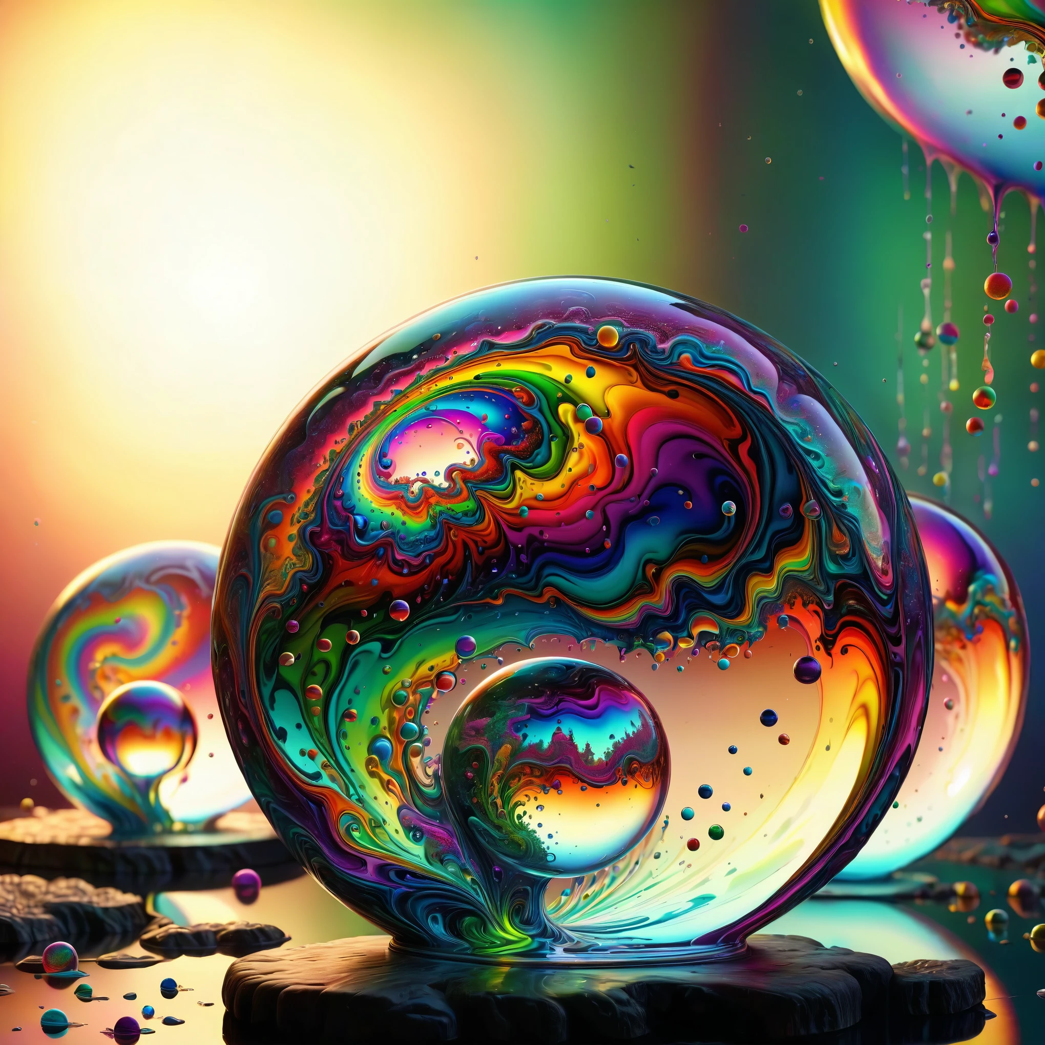 A breathtaking psychedelic digital artwork, (best quality,4k,8k,highres,masterpiece:1.2),ultra-detailed vibrant fluorescent neon colors,intricate rainbow 3d glass-like environment,shimmering glass bubbles morphing out of swirling colors, neon colors twisted through glass orbs and melting the glass to drip into glass spheres, colored liquid fizzing to the ground, glowing light and reflection,4d mandelbulb psychedelic landscape,bright overexposed backlighting with depth of field,award winning masterpiece,pixel art,portrait photography,photorealistic,hyperdetailed,glass morphism,sparkle,God rays,optical illusion,rotational symmetry,reflective.light,overexposure,backlighting,symmetrical reflective bubbles and spheres,extremely detailed bubbles and spheres,swirling spirals and vortex,bright vibrant colors popping out from 3d glass spheres,psychedelic underwater brightness and glow with neon colors,glowing colors twist inside of translucent glass spheres and bubbles with light and color reflecting off of both in bright fluorescent colors,psychedelic trip,fluorescent and neon aesthetic,psychedelic vibrant colors,bright psychedelic paint splattered backgrounds,surrealism,digital art run through a kaleidescope and projected into a funhouse of warped mirrors.Brilliant images of pure light emerging from vibrant colors in a psychedelic dream, shimmering glass morphing out of colors, tripped out detailed patterns in all colors, perfectly formed symmetrical spheres and glowing reflective bubbles, attention to detail on the bubbles and spheres, rainbows of color twisted in and out of translucent orbs, background is spilled paint and spirals of swirling colour, beautiful psychedelic digital art, pixel art, neon colors, 4d mandelbulb psychedelics, glass like psychedelic landscape, intricate rainbow environment, psychedelic underwater brightness, LSD,DMT, Psilocybin, Mescaline, trails of color and light, bright fluorescent colors, psychedelic trip, fluorescent psychedelic aesthetic.