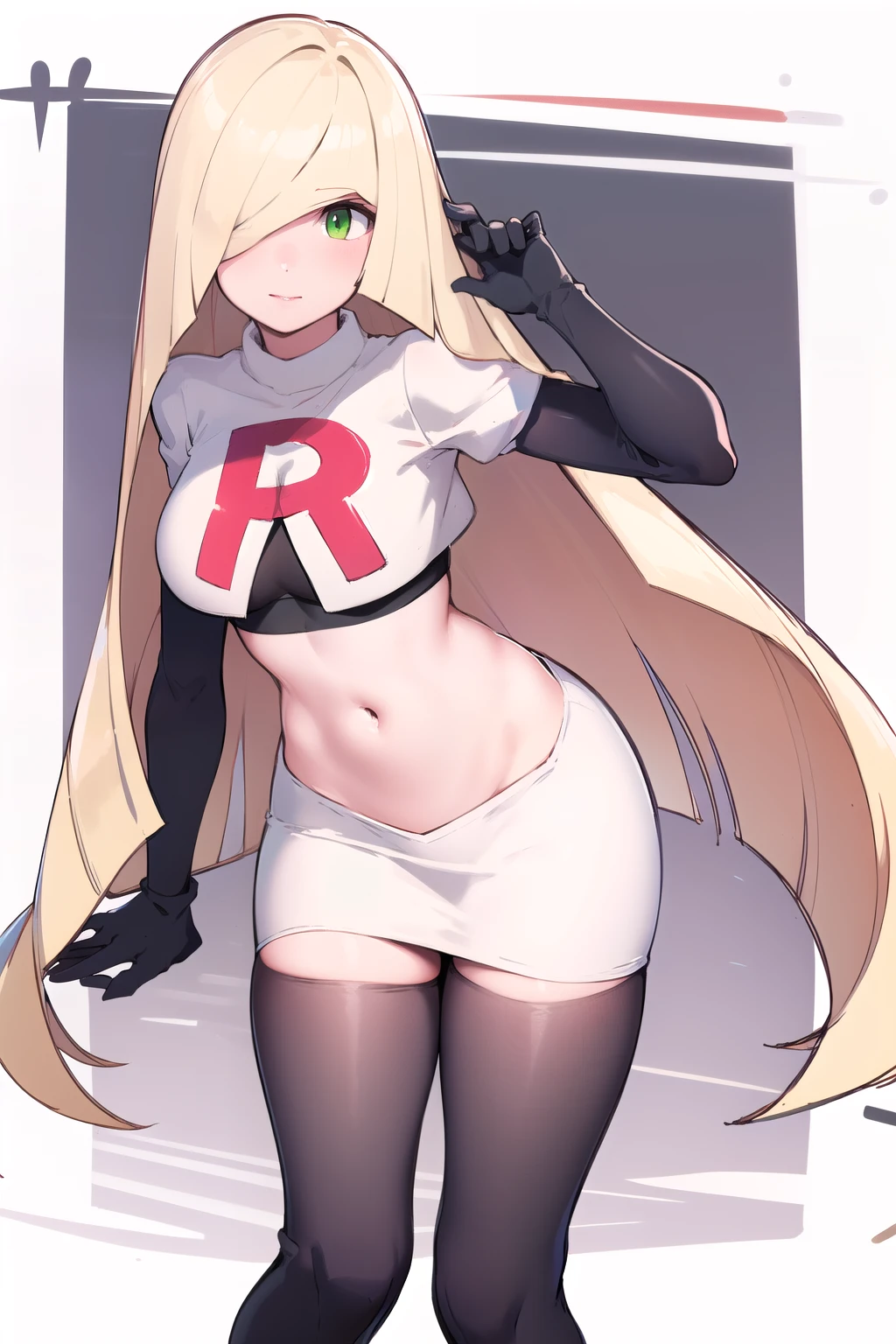 masterpiece,best quality,1girl,mature female,lusamine,blonde hair,green eyes,very long hair,(hair over one eye:1.3),team rocket,team rocket uniform,white skirt,red letter R,crop top,black thigh-highs,black elbow gloves,