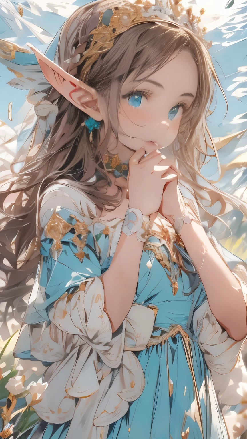 Masterpiece, A girl with long dark brown hair, straight and with a clear forehead , with a beautiful face, innocent and turquoise eyes , dressed as an elf princess , light blue dress with ruffles , fine fabrics, headband tiara , pointed ears , medieval fantasy , embroidered details in plain gold , watching feathers that fall from the sky on a meadow
