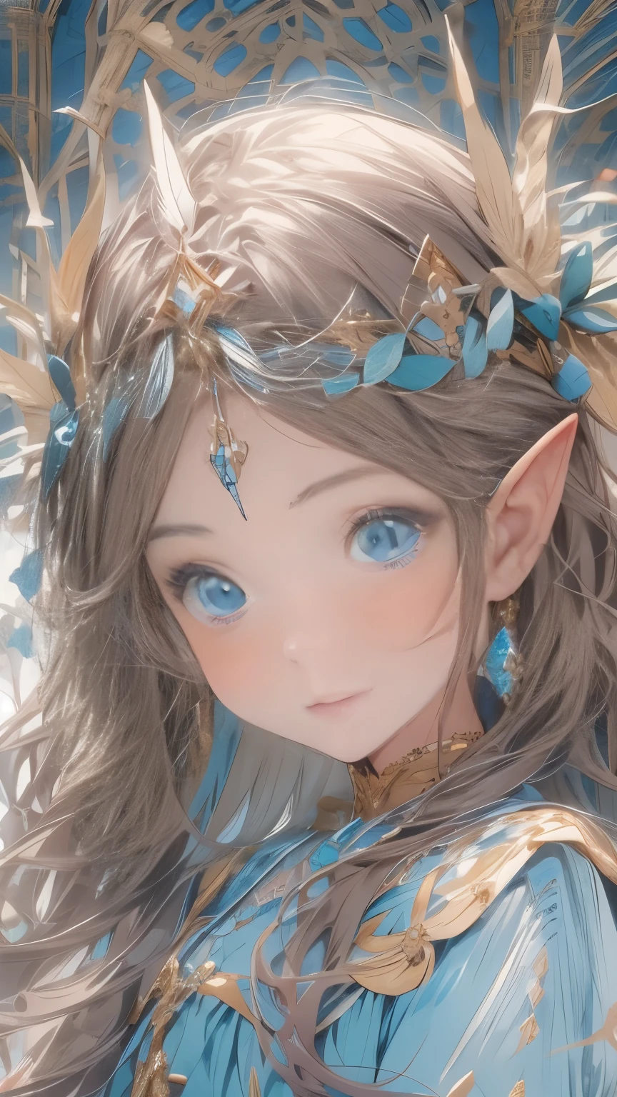 Masterpiece, A girl with long dark brown hair, straight and with a clear forehead , with a beautiful face, innocent and turquoise eyes , dressed as an elf princess , light blue dress with ruffles , fine fabrics, headband tiara , pointed ears , medieval fantasy , embroidered details in plain gold , watching feathers that fall from the sky on a meadow