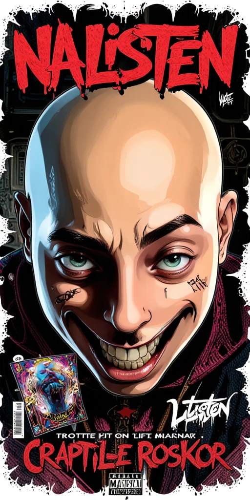 3D animated Character Nztykle as a comic . The man is Muscular Wearing Streetwear, the man has super close shaven skin Bald Head::5.1 , Marvel comic book cover in the style of the 80s, 90s, 2000s, with a MASCULINE man rapper wearing Streetwear character,  with the title "NA LISTEN", A 1990s/2000s comic book cover featuring the Man, wearing a luxury gucci Pastel colored sweatsuit, designer moncler bubble jacket and ripped skinny jeans, tons diamond chains from johnny Dang, perfect masterpiece, high quality, high resolution, large, 8k, cinematic. The man should be depicted with exaggerated and distant facial expressions, using thick lines, bold shadow cracks and deep shadows, highlighting its chaotic and intense nature. The cover should have a worn and distressed texture, with a Masculine sharp color palette to evoke a sinister yet retro feel::6.4 . In the background, show a gritty urban scene. The a man should be in a dynamic pose, embodying his unpredictable and dangerous personality. Add classic comic book elements like a bold title ('Raptile Records: '), a scary subtitle ('Who is Na Listen?'), and 'Written by Na Listen' as the author. Include the issue number (#1), a small price (e.g. '10¢'), and a publisher's logo in the corners. Keep the layout clean but intense, focusing on  twisted personality while maintaining the aesthetic of 2000s comics.