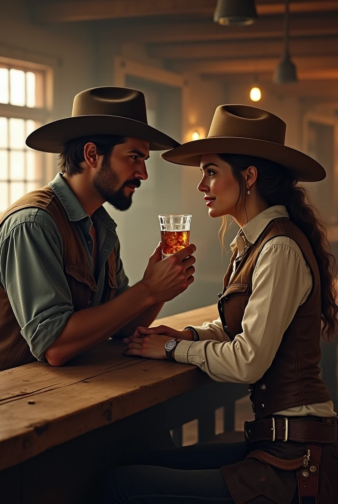 bokeh effect photography of bokeh effect photography of A warm, nostalgic bokeh effect photography of a rustic Wild West-themed saloon in 1870, with warm golden lighting and soft focus, capturing the ambiance of a bygone era. A 30-year-old man, bald and clean-shaven, with prominent facial features, piercing brown eyes, and a strong jawline, sits comfortably on a worn, brown leather stool at the bar, wearing a faded black duster coat, a white button-down shirt, and rugged cowboy boots. Next to him, a stunning blonde woman, with vibrant, shoulder-length hair, alabaster skin, and bright blue eyes, sips a whiskey on the rocks from a ornate, curved glass, her slender fingers grasping the glass with elegance. On the table in front of them, a holstered revolver lies casually, adding a touch of ruggedness to the intimate scene. The bar itself, made of dark, polished wood, boasts a beautiful, curved edge and a few scattered, empty glasses, adding to the sense of tranquility.

