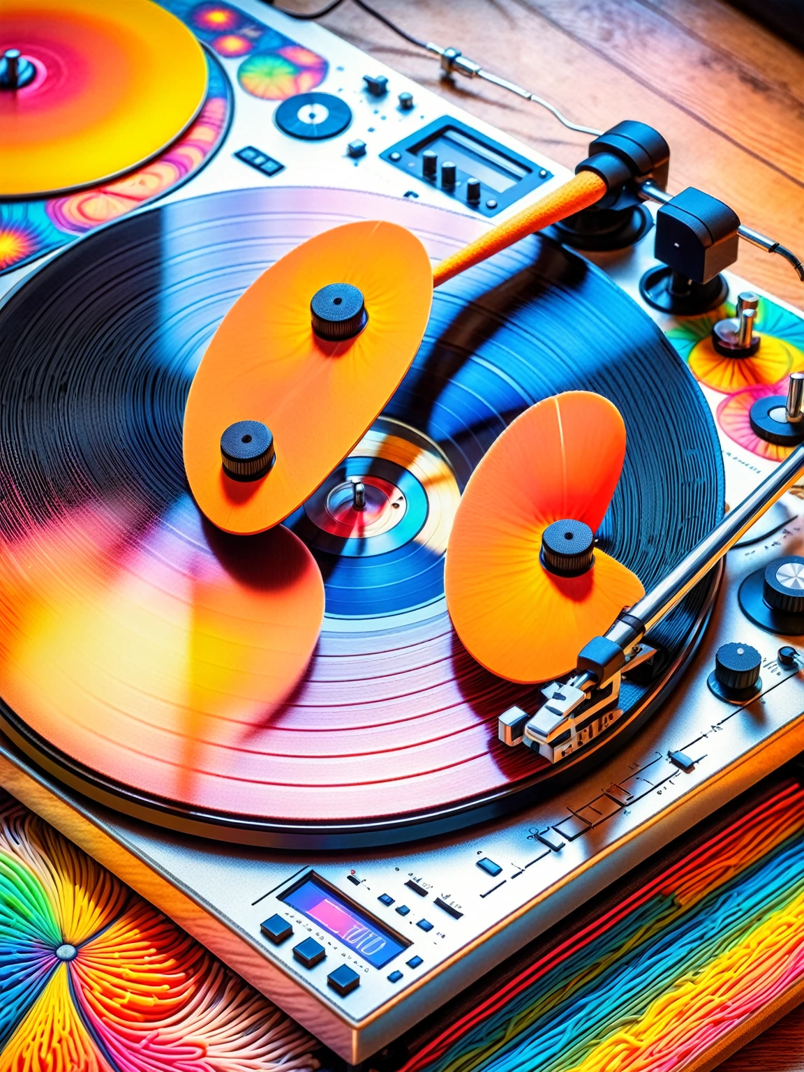 A record player ,  vinyl record groove with ral-trichom effect,  is placed in the background of a retro music studio  .