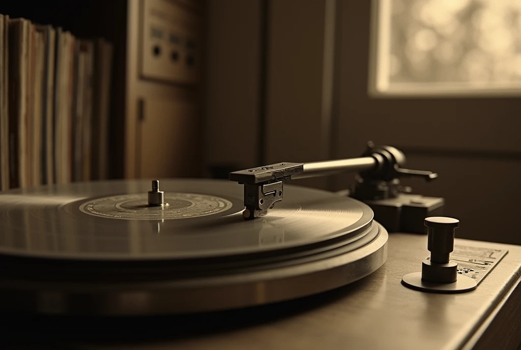 realistic photograph, A Record jacket with record sticking out, record sleeve. A record jacket of a smiling boy holding a record player of Garrard Model 301 close to his chest. minimalism, Vintage Record Player, Garrard Model 301