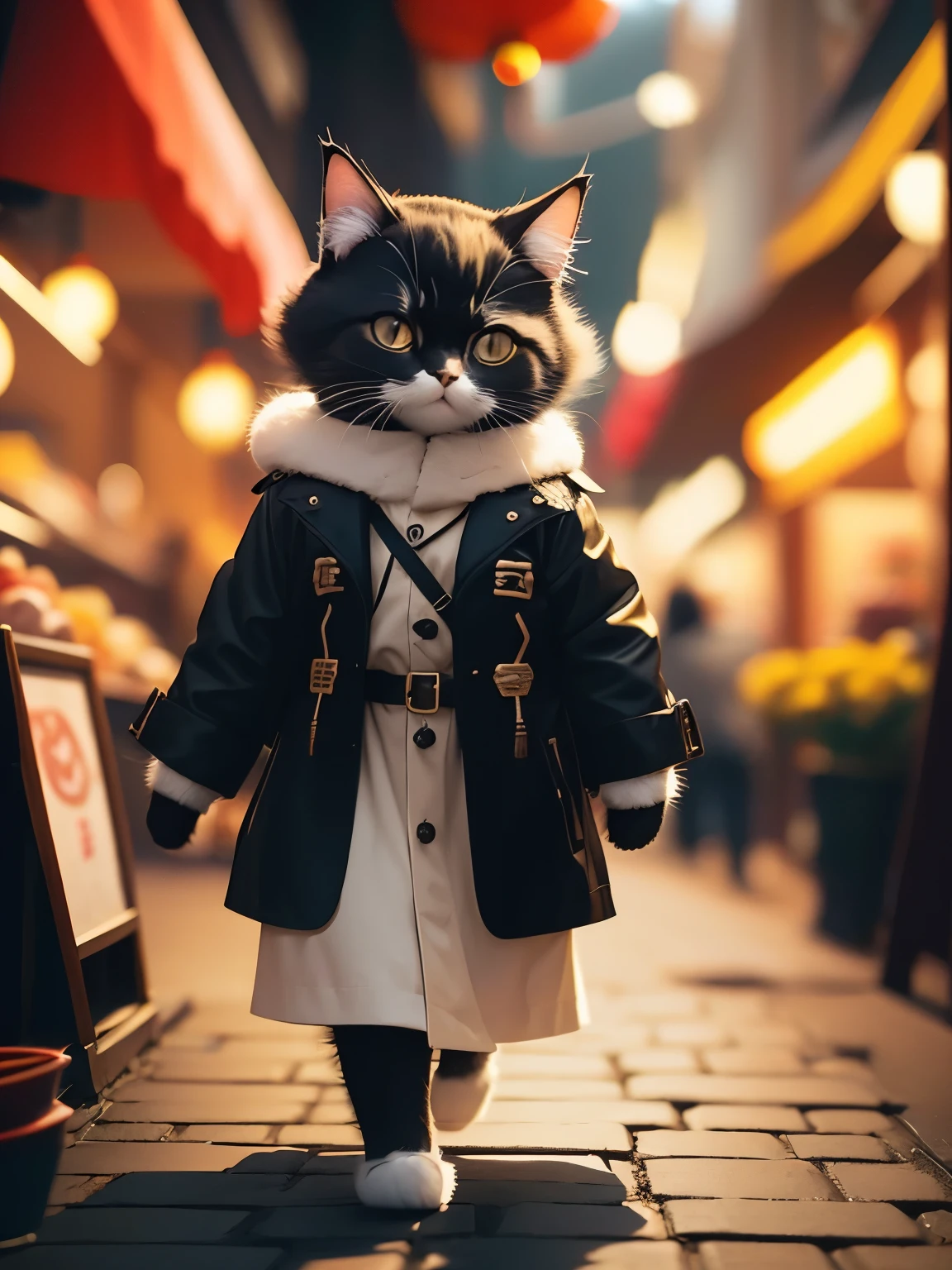 fluffy black cat, Adventurer, very detailed cat with fur , wearing a coat, Walking around the Chinese market , An animal , highdefinition images, Kodak 400, Atmospheric Light , 50mm lens, ( cat eyes and characteristic details ) realistic cat, Yellow-eyed female cat ,8k,cute
