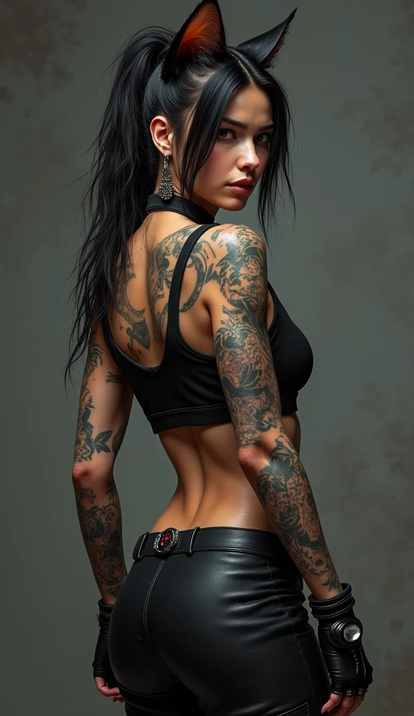 arafed woman with a tattoo of a motorbike on her butt, cutesexyrobutts, picture from behind, very realistic, with tattoos, tatoo, lit from behind, tatoos, , skulls at her hips, tatto, very very realistic, accentuated hips, white skirt