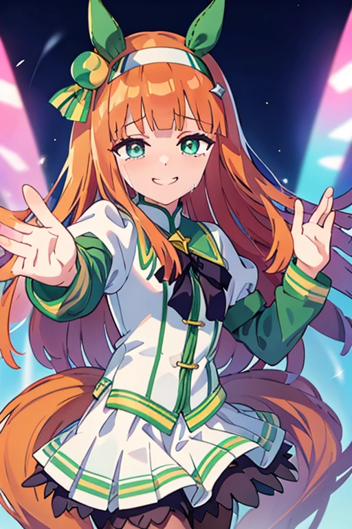 1girl, silence suzuka (umamusume) wave, waving goodbye, sign saying "Goodbye! Until we meet again!", crying, tears of joy, smile, looking at viewer, absurdes, beautiful, farewell