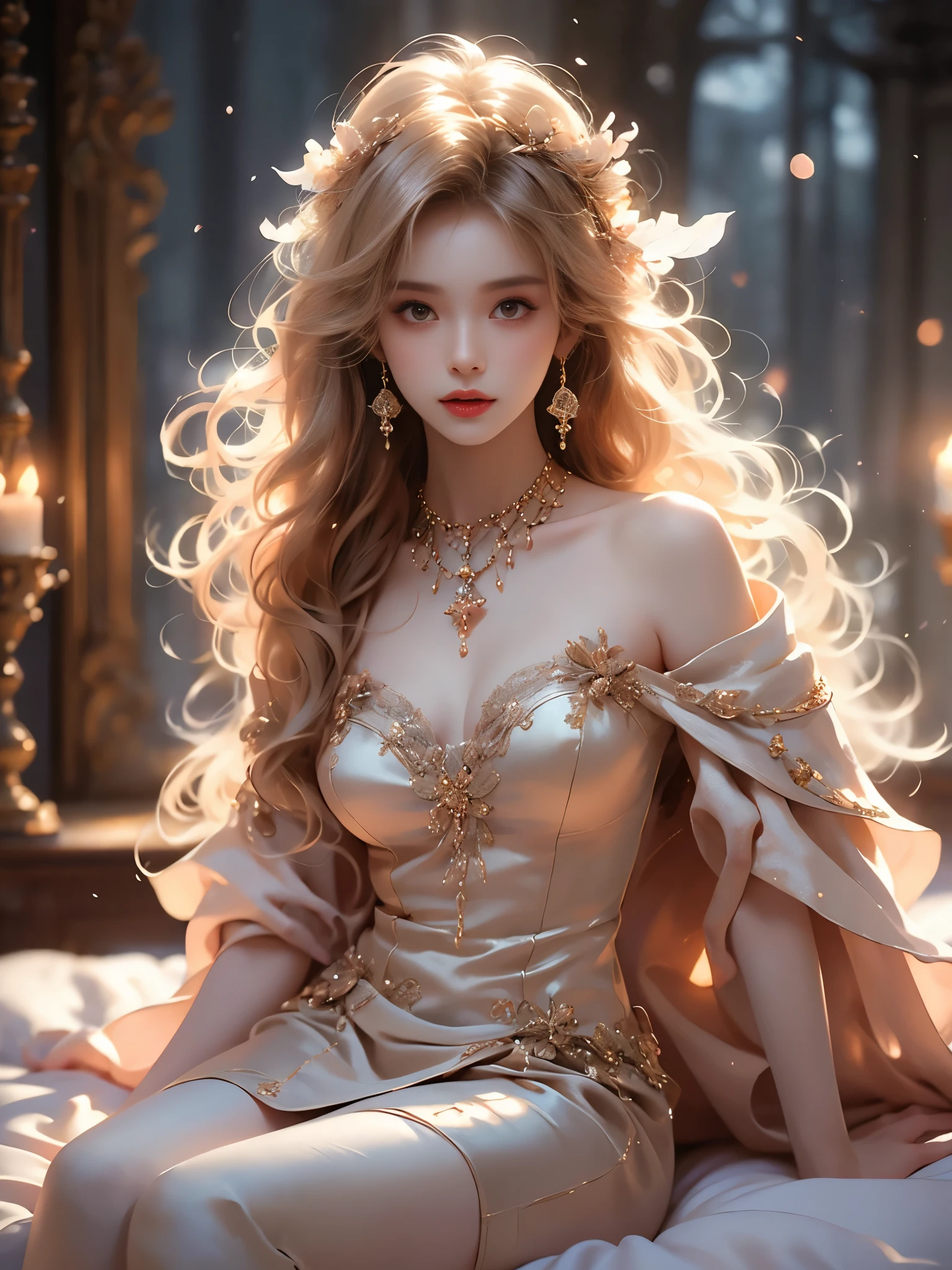 Moon Witch ((whole body)), (( aerial view )), ((night, Warm colors, petal, many petal)), (( lying in bed)), (( ultra-realistic skin details )), (( perfect anatomical proportions )), ((Relaxed posture)), 1 Girl, alone, Dark tone style, photorealistic, natural knee curves , Soft and delicate characteristics , (( studio lighting settings )), slim, Long Legs, ( advanced camera lens bokeh :1.3), perfect skin , (( silk bedding )), (( high end fashion editing )), natural ambient lighting, professional boudoir photography , Clear focus and subtle depth of field, 8K Ultra HD , Film composition, Dramatic Shadows , beautiful female face , intimate atmosphere , flat feet on the bed , ( high-precision skin texture ), Volumetric Lighting, clear focus and depth of view , exquisite atmosphere .