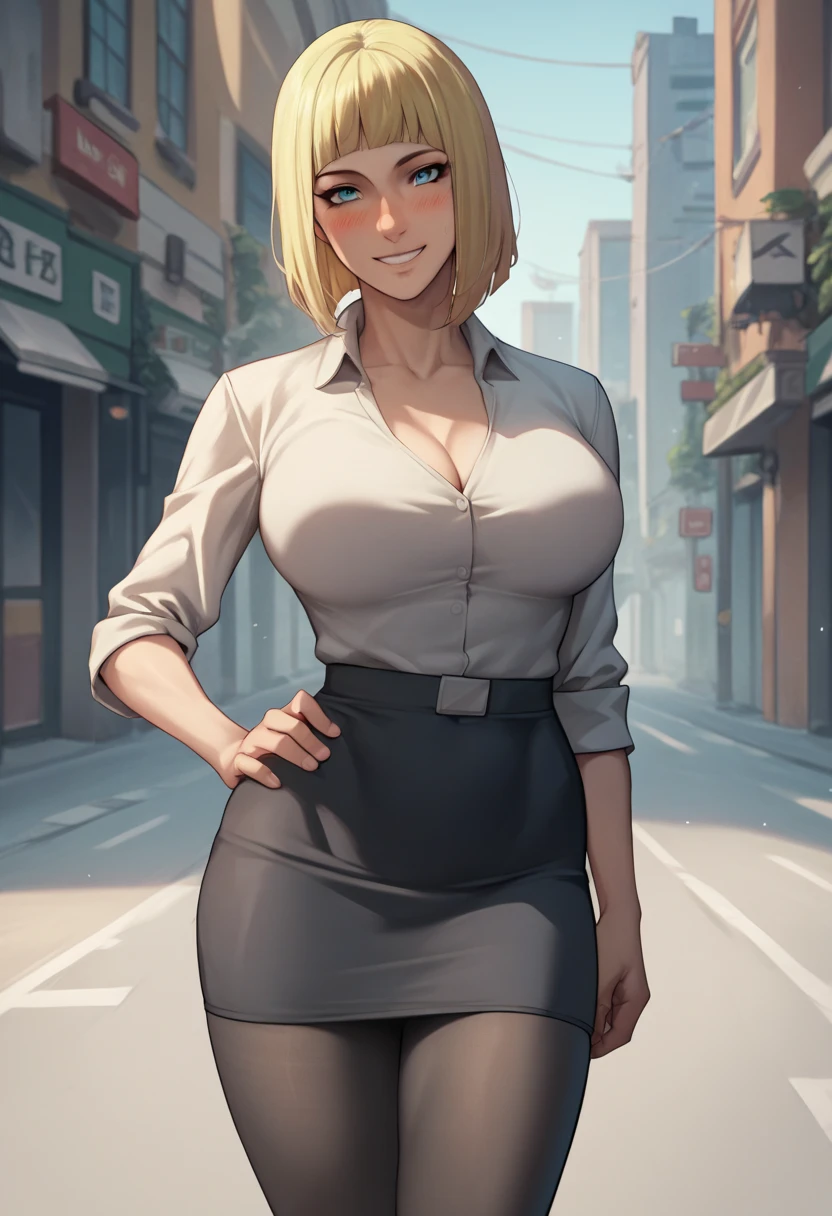 samuiSDXL, short hair, blue eyes, blonde hair, Fit girl, Score_9, Score_8_up, Score_7_up, Score_6_up, Score_5_up, Score_4_up, Source_anime, blue eyes, Best quality, High quality, Detailed, High resolution, 8k, Ultra high res, Soft saturation, Professional quality, Perfect contrast, Perfect litthing, Anatomically correct, large breasts, Wide hips, Sensual woman, mature female, cube top, mini skirt, plated skirt, black pantyhose, Background on the city streets at midnight, smile, blush, standing, hand on hip