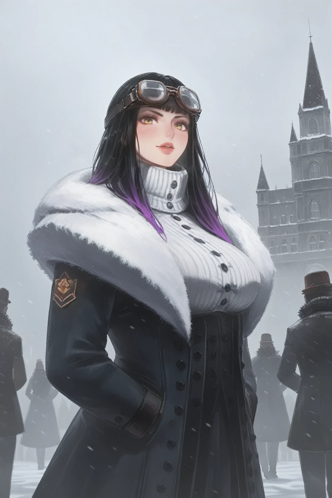 score_9, score_6_up, score_5_up, score_4_up, rating_safe, 1girl, asian girl, heavy fur coat, high collar, stalwart, frostpunk, frostpunkfaction, snow, snowstorm, frostpunk city, snowstorm victorian london, portable generator, brass goggles, white scarf, detailed face, gorgeous lips,  green eyes, large breasts, huge ass, very curvy, thick thighs, plump,  black hair,  purple gradient hair,  long hair,  30 years old, bangs, outdoors, in the Victorian city, black boots, light frown, median furrow, 