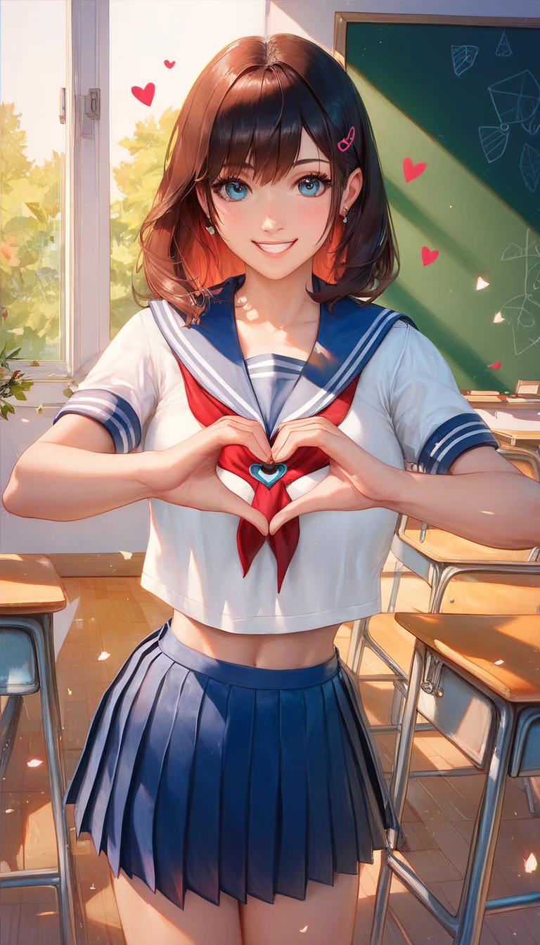 score_9,score_8_up,score_7_up,score_6_up,score_5_up,score_4_up,((masterpiece, good work, best quality)),(illustration),(highly detailed),8K,wallpaper,1 woman,cute face,smiling face,((high school girl)),(((heart hands))),random hairstyle,random pose,beautiful female hands,((pop style)),detailed,((better hands)),(((in the classroom))),((sailor suit and pleated skirt))