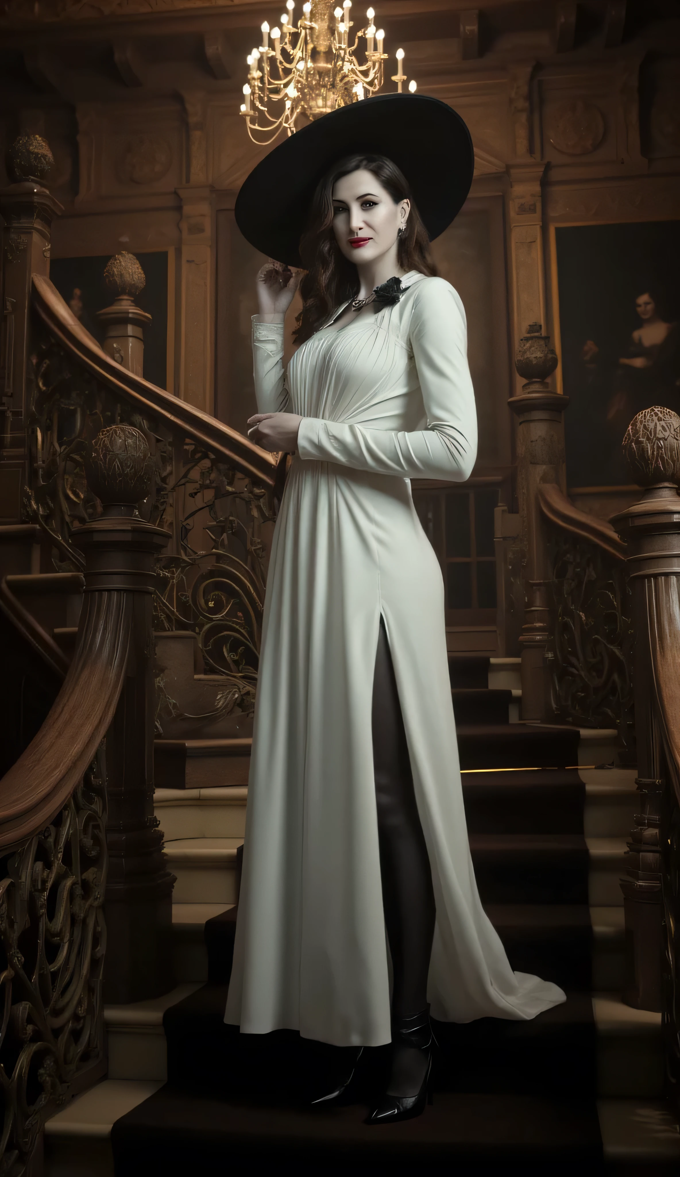 Kathryn Hahn as Alcina Dimitrescu, posing, standing, on the luxury stairs, in a castle, black hat, white dress, black high tights, high heels