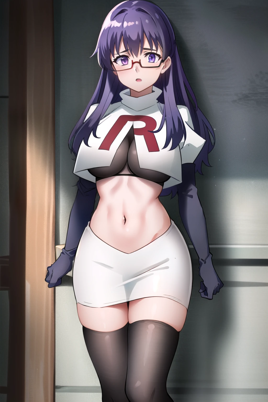 (extremely detailed CG unity 4k wallpaper),(masterpiece),(best quality),(ultra-detailed),(best illustration),(best shadow),(absurdres),(detailed background), Sheele, 1girl, solo, purple hair, glasses, breasts, long hair, purple eyes, large breasts, medium breasts, team rocket,team rocket uniform,white skirt,red letter R,crop top,black thigh-highs,black elbow gloves,,outdoors, 