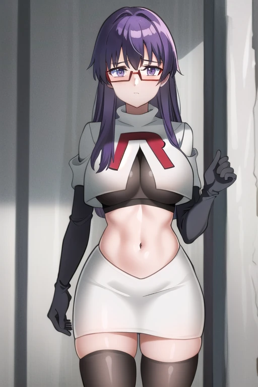 (extremely detailed CG unity 4k wallpaper),(masterpiece),(best quality),(ultra-detailed),(best illustration),(best shadow),(absurdres),(detailed background), Sheele, 1girl, solo, purple hair, glasses, breasts, long hair, purple eyes, large breasts, medium breasts, team rocket,team rocket uniform,white skirt,red letter R,crop top,black thigh-highs,black elbow gloves,,outdoors, 