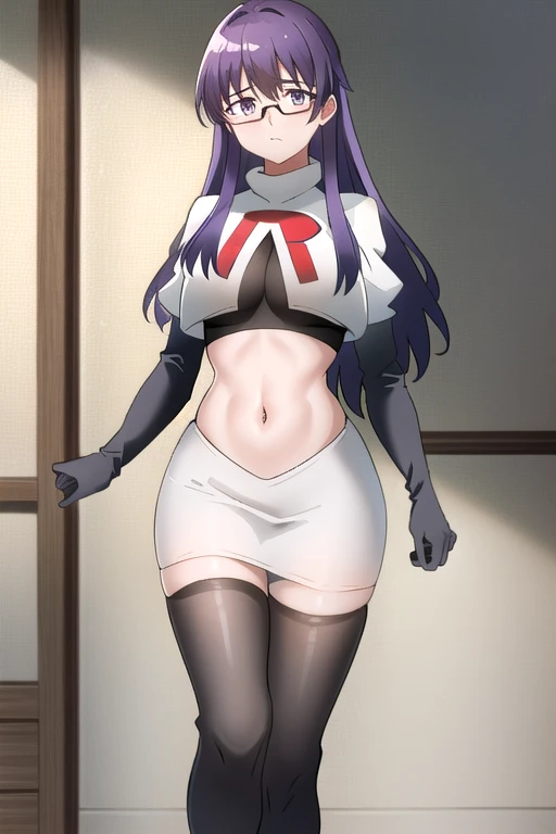 (extremely detailed CG unity 4k wallpaper),(masterpiece),(best quality),(ultra-detailed),(best illustration),(best shadow),(absurdres),(detailed background), Sheele, 1girl, solo, purple hair, glasses, breasts, long hair, purple eyes, large breasts, medium breasts, team rocket,team rocket uniform,white skirt,red letter R,crop top,black thigh-highs,black elbow gloves,,outdoors, 