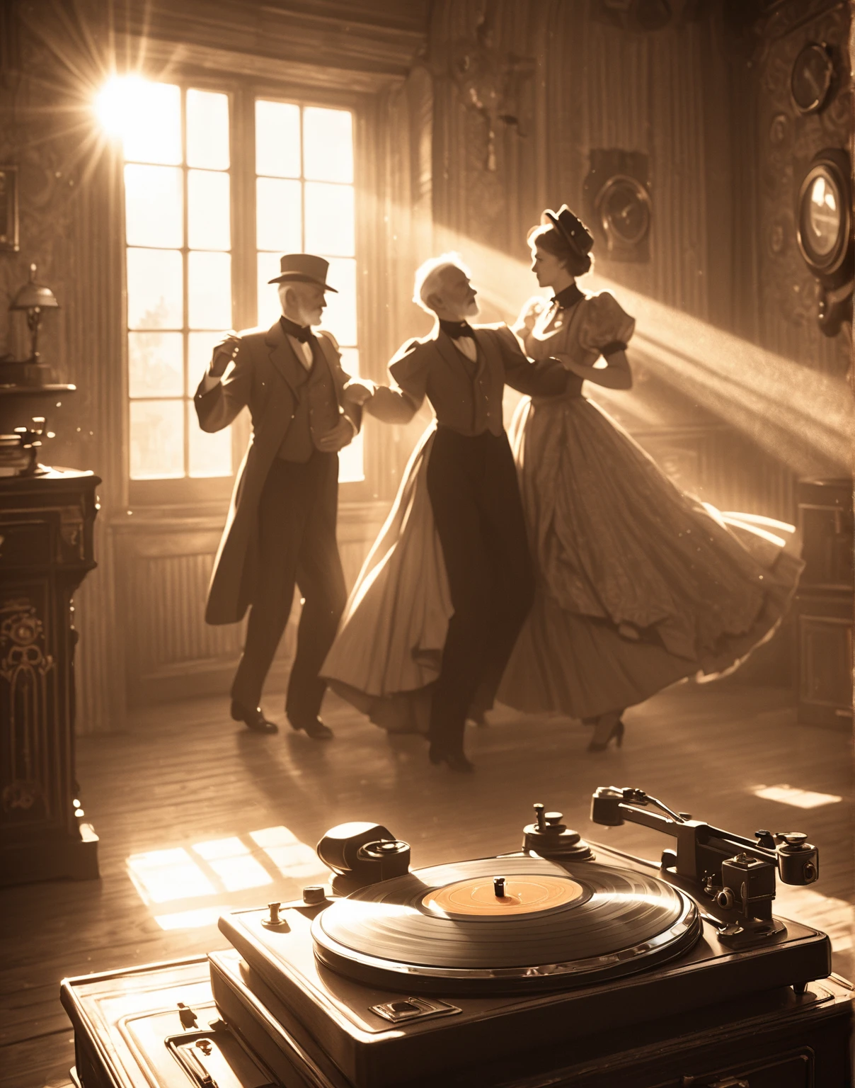 steampunk scene ,Old vintage record player focus, two old man dancing in warm lighting, high contrast lighting, intricate textures, softly vintage monochromatic color palette, dramatic composition, sun ray through vintage window,masterpiece, best quality,defocus, deph of field,f2-1:13 lens, automode