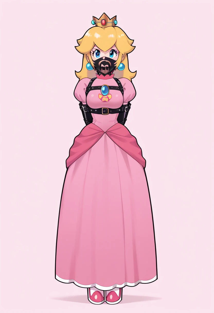 score_9, score_8_up, score_7_up, 1girl, ( (Peach, princess Peach from super mario lore, princess peach, pink long dress, crown), (front view), perfect proportions, simple background, standing, , bound arms, arms behind back, full body, otn gag,  tight mask, wrap mask, black mask, (armbinder: 1.3),  ) 