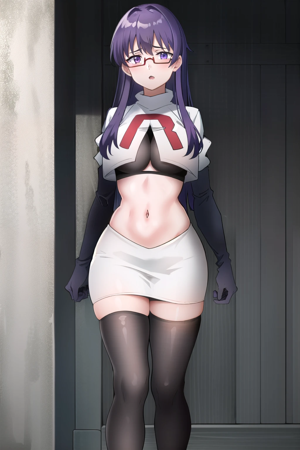 (extremely detailed CG unity 4k wallpaper),(masterpiece),(best quality),(ultra-detailed),(best illustration),(best shadow),(absurdres),(detailed background), Sheele, 1girl, solo, purple hair, glasses, breasts, long hair, purple eyes, large breasts, medium breasts, team rocket,team rocket uniform,white skirt,red letter R,crop top,black thigh-highs,black elbow gloves,,outdoors, 