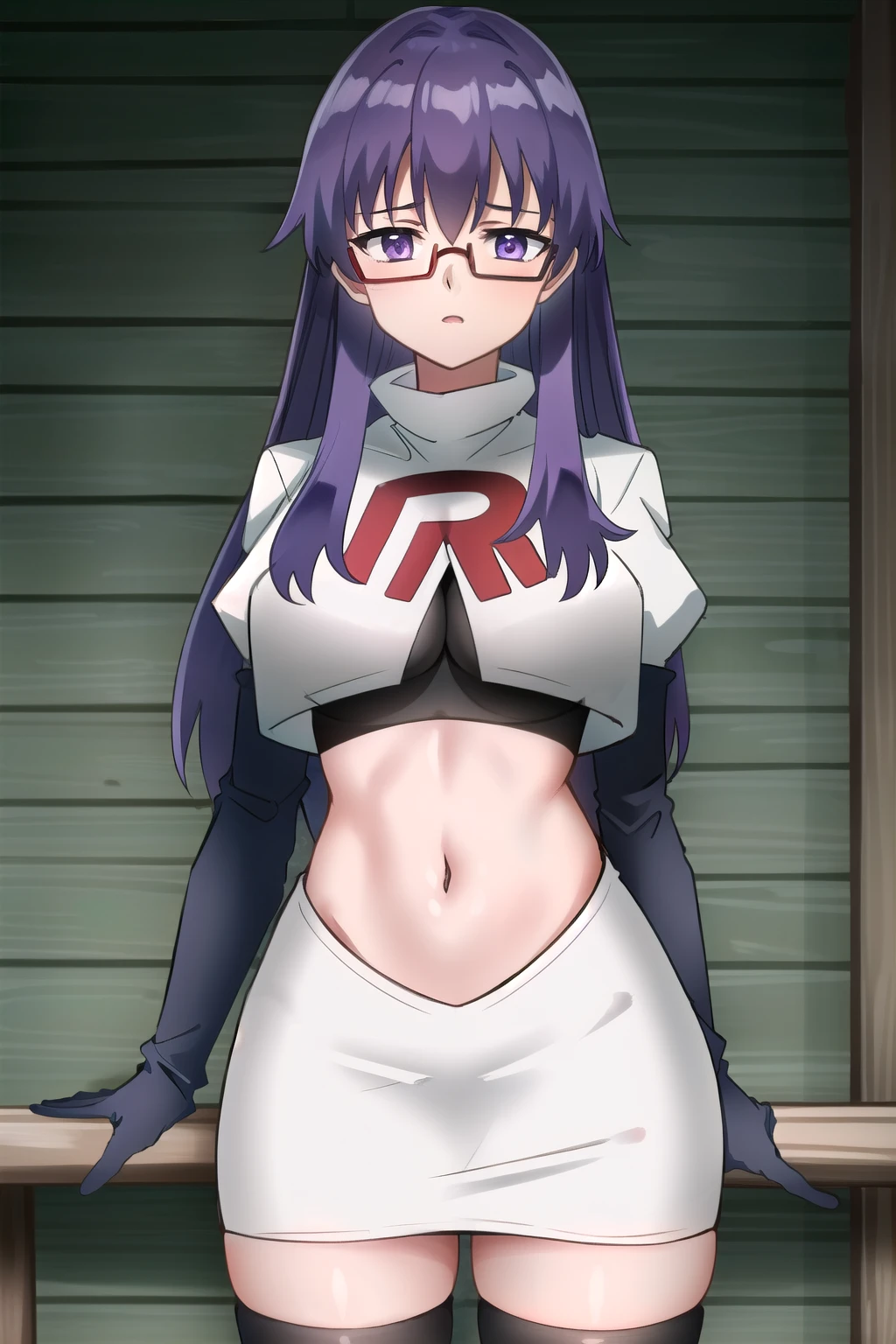 (extremely detailed CG unity 4k wallpaper),(masterpiece),(best quality),(ultra-detailed),(best illustration),(best shadow),(absurdres),(detailed background), Sheele, 1girl, solo, purple hair, glasses, breasts, long hair, purple eyes, large breasts, medium breasts, team rocket,team rocket uniform,white skirt,red letter R,crop top,black thigh-highs,black elbow gloves,,outdoors, 