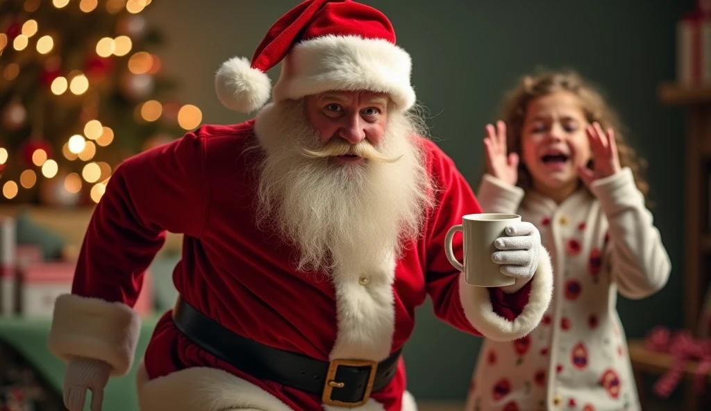 a famous meme where a little frightened girl runs away with a funny expression on her face, only instead of a girl there is a frightened (running Santa Claus:2) stealing a mug of delicious coffee. and a  in pajamas in the background crying.(on the photo two characters:2) - (running Santa Claus:2) and a crying girl with her hands up in the air.a shot from a cozy Christmas big-budget movie