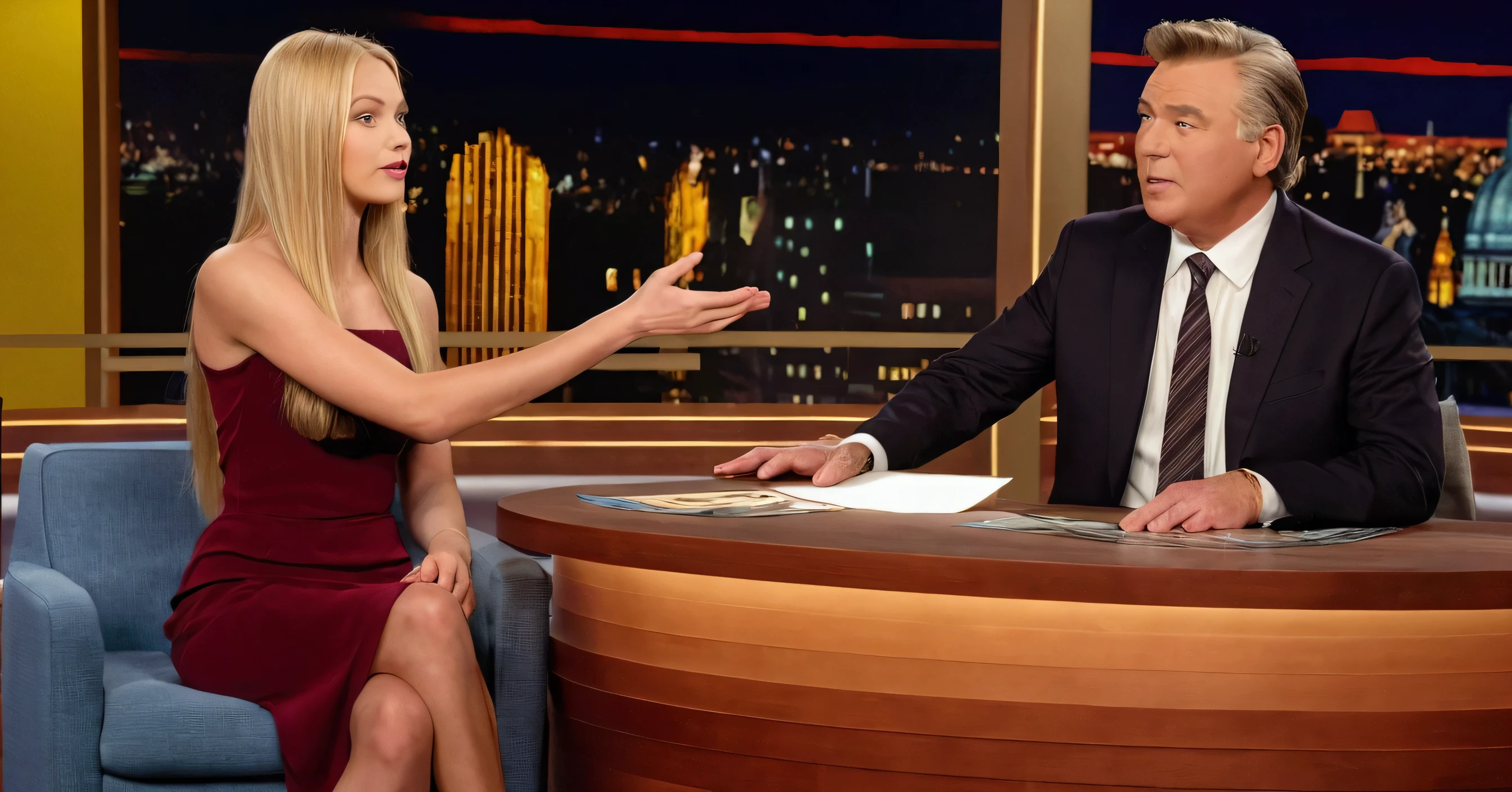 a beautiful blonde woman with long straight hair, slim body, 18 years old, in a talk show on tv with a middle-aged interviewer, wide shot, full front view of the woman and the tv host, highend portrait, detailed facial features, beautiful eyes and lips, elegant dress, professional studio lighting, cinematic dramatic lighting, vibrant colors, photorealistic, award winning digital art