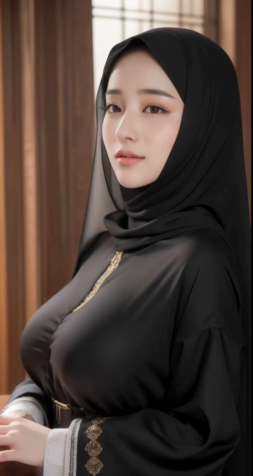 (best quality,4k,8k,highres,masterpiece:1.2),lips very laugh, ultra-detailed,eyes detailed, face bright, face glow,(realistic,photorealistic,photo-realistic:1.37),20 years old girl, (Big breasts), Pasmina hijab abaya,black hijab pasmina,asian korean beautiful girl,book,style sex +18,book,erotic Asian korean