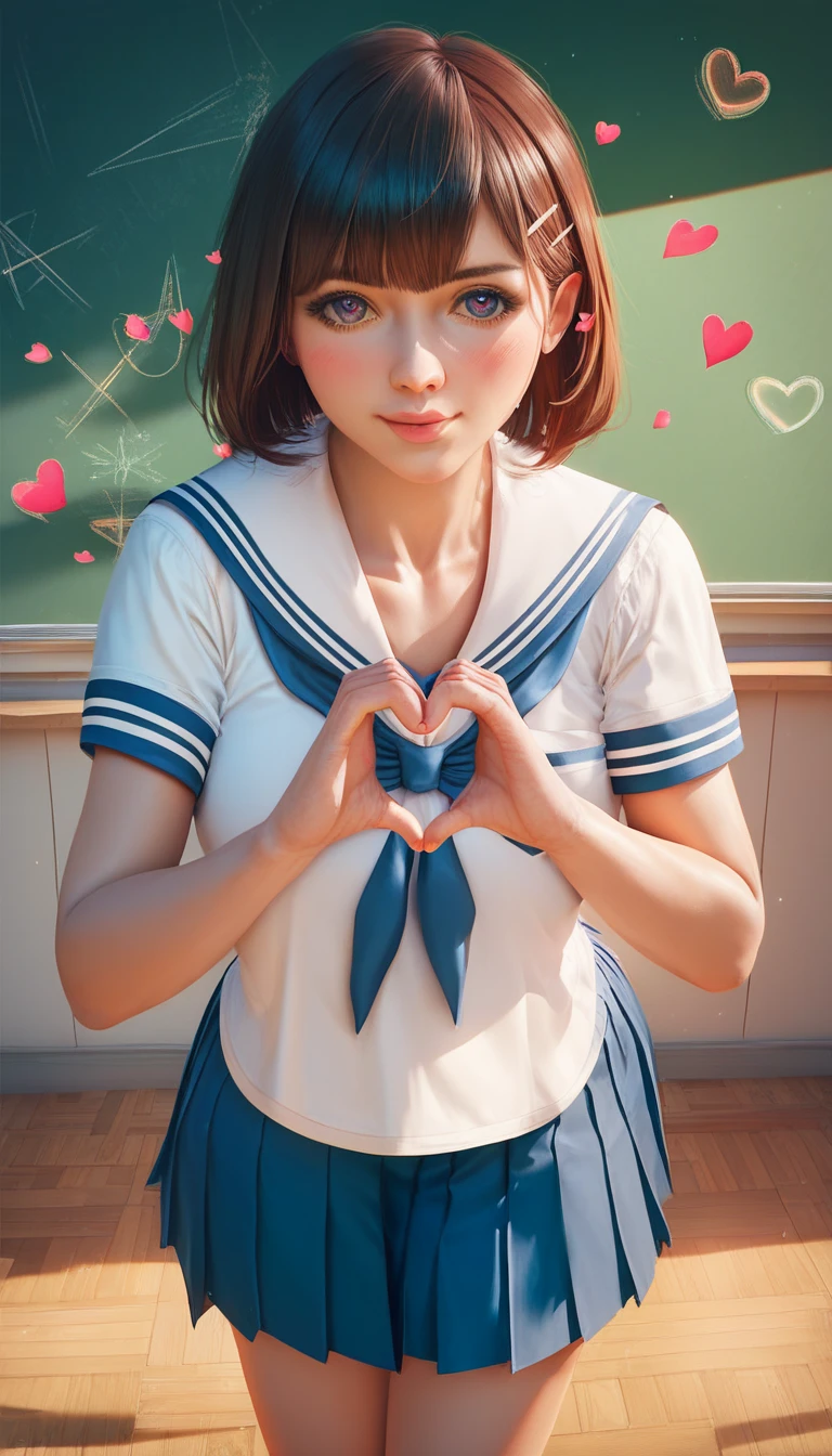 score_9,score_8_up,score_7_up,score_6_up,score_5_up,score_4_up,((Excellent,Good,Best Quality)),(Illustration),(Very Detailed),8K,Wallpaper,One Woman,Shy Face,Shame on Face,((High School Girl)),(((Heart Shaped Hands))),Random Hairstyle,Random Pose,Beautiful Woman's Hands,((Pop Style)),Detailed,((Better Hands)),(((In Classroom))),((Sailor Suit and Pleated Skirt)),Leaning Forward,Inward Legs