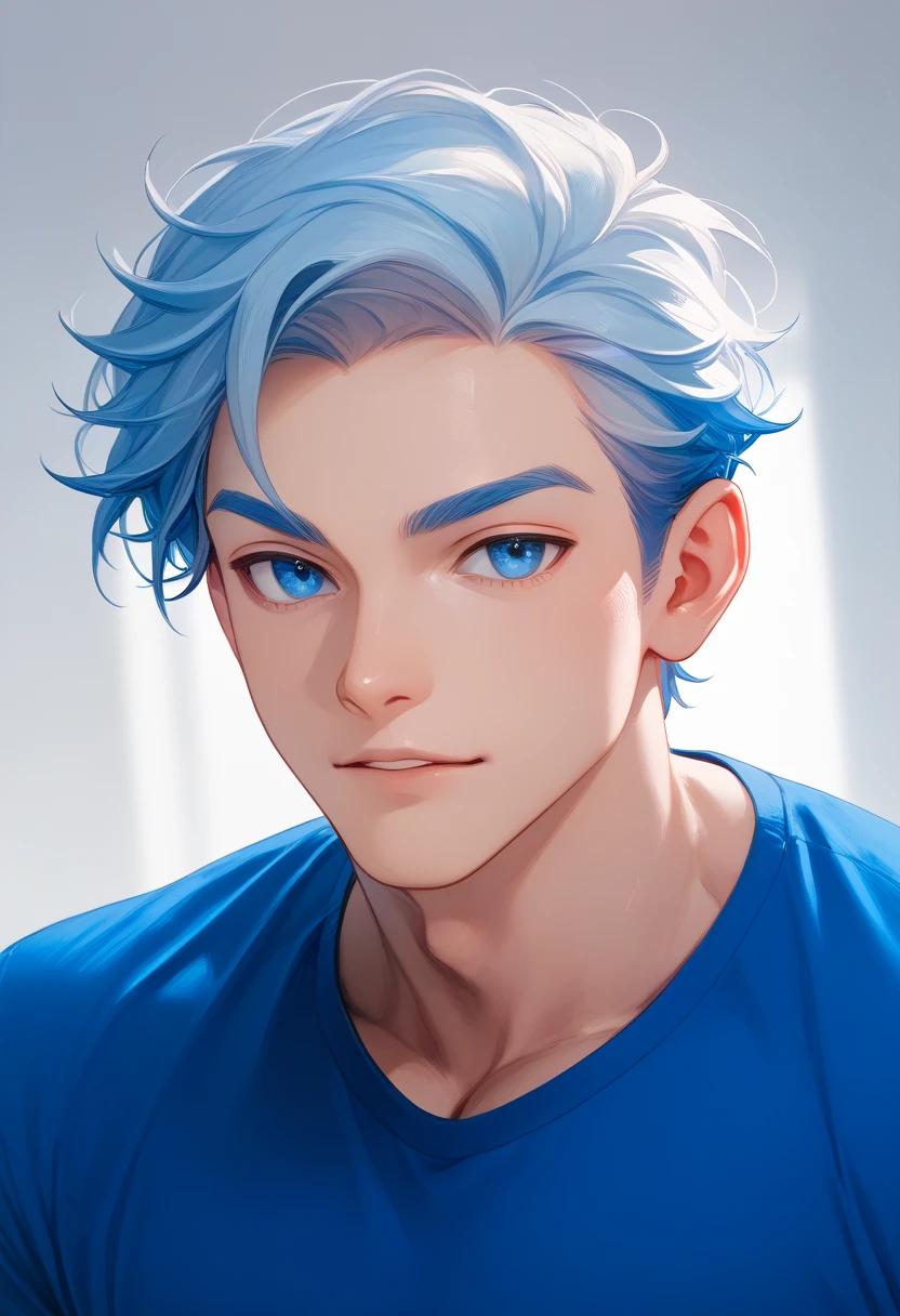 male, asset,  The hair has 2 colors blue and white., blue shirt,  The left eye is blue ,  The right eye is red , blue and white theme 