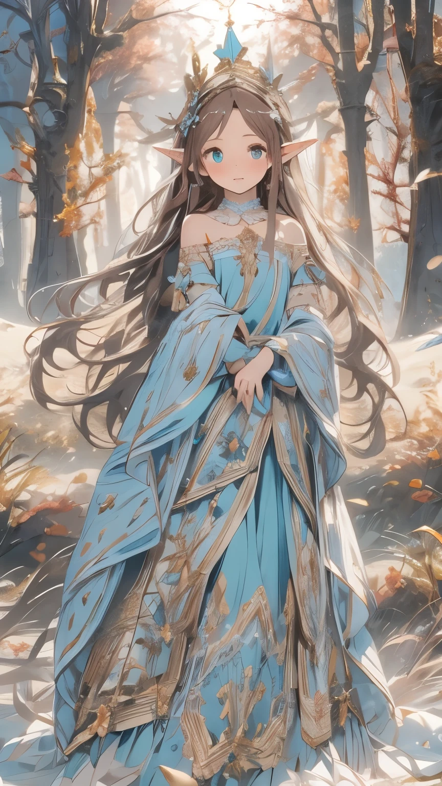Masterpiece, A girl with long dark brown hair, straight and with a clear forehead , with a beautiful face, innocent and turquoise eyes , dressed as an elf princess , light blue dress with ruffles , fine fabrics, headband tiara , pointed ears , medieval fantasy , embroidered details in plain gold , watching feathers that fall from the sky on a meadow