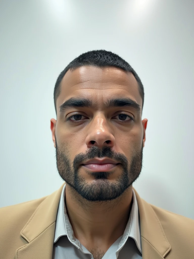 Portrait of a dark-haired Brazilian man /brown, between 25 and 28 years , with 1,87m tall , short black hair in American haircut style, wearing social attire, like a suit or dress shirt . The focus is only on the face , with a neutral or professional background and soft lighting highlighting his features. The expression is confident and calm .