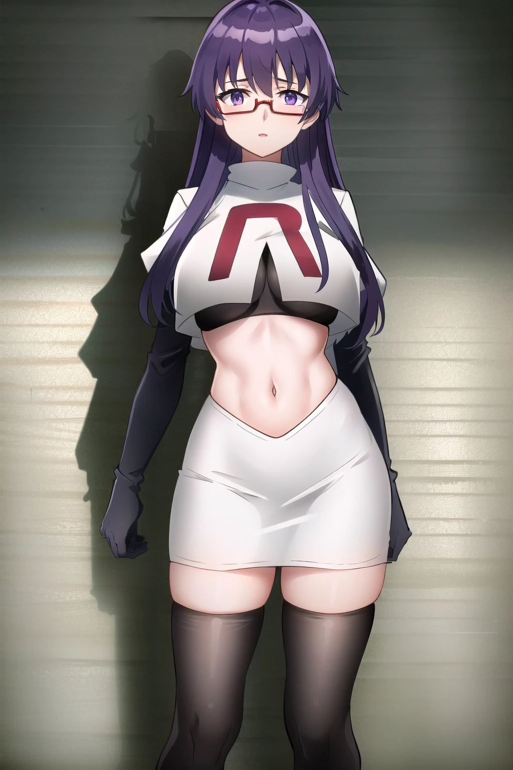 (extremely detailed CG unity 4k wallpaper),(masterpiece),(best quality),(ultra-detailed),(best illustration),(best shadow),(absurdres),(detailed background), Sheele, 1girl, solo, purple hair, glasses, breasts, long hair, purple eyes, large breasts, medium breasts, team rocket,team rocket uniform,white skirt,red letter R,crop top,black thigh-highs,black elbow gloves,,outdoors, 