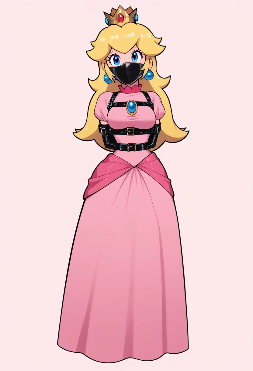 score_9, score_8_up, score_7_up, 1girl, ( (Peach, princess Peach from super mario lore, princess peach, pink long dress, crown), (front view), perfect proportions, simple background, standing, , bound arms, arms behind back, full body, otn gag,  tight mask, wrap mask, black mask, (armbinder: 1.3),  ) 