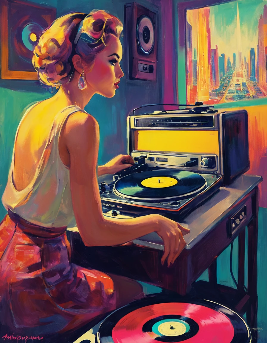 graphic design, Avant-garde pop art. Stylish Retro Illustration of a record player in a room with a city view, Emotional illustrations that can be used in lofi girl, illustration of a girl, Inside the room, Vintage Recorder Retro illustration, Retrowave, Beautiful artwork illustration, very colorful tones