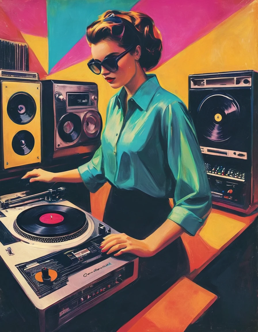 graphic design, Avant-garde pop art. Stylish Retro Illustration of a record player in a room with a city view, Emotional illustrations that can be used in lofi girl, illustration of a girl, Inside the room, Vintage Recorder Retro illustration, Retrowave, Beautiful artwork illustration, very colorful tones