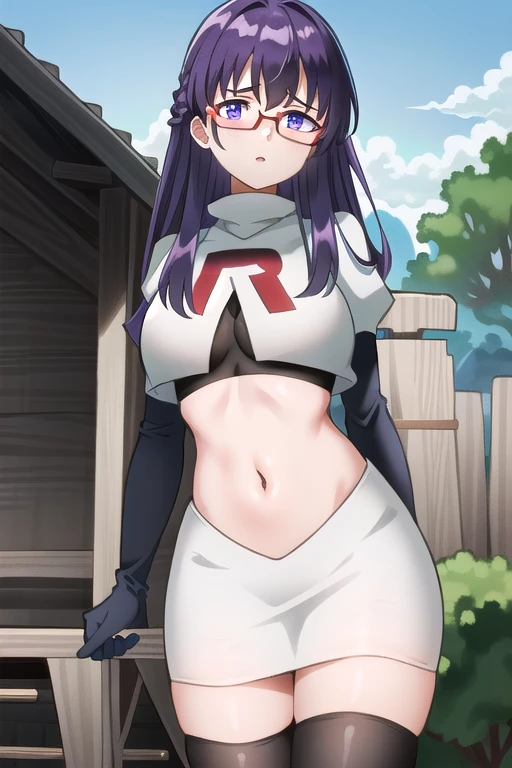 (extremely detailed CG unity 4k wallpaper),(masterpiece),(best quality),(ultra-detailed),(best illustration),(best shadow),(absurdres),(detailed background), Sheele, 1girl, solo, purple hair, glasses, breasts, long hair, purple eyes, large breasts, medium breasts, team rocket,team rocket uniform,white skirt,red letter R,crop top,black thigh-highs,black elbow gloves,,outdoors, 