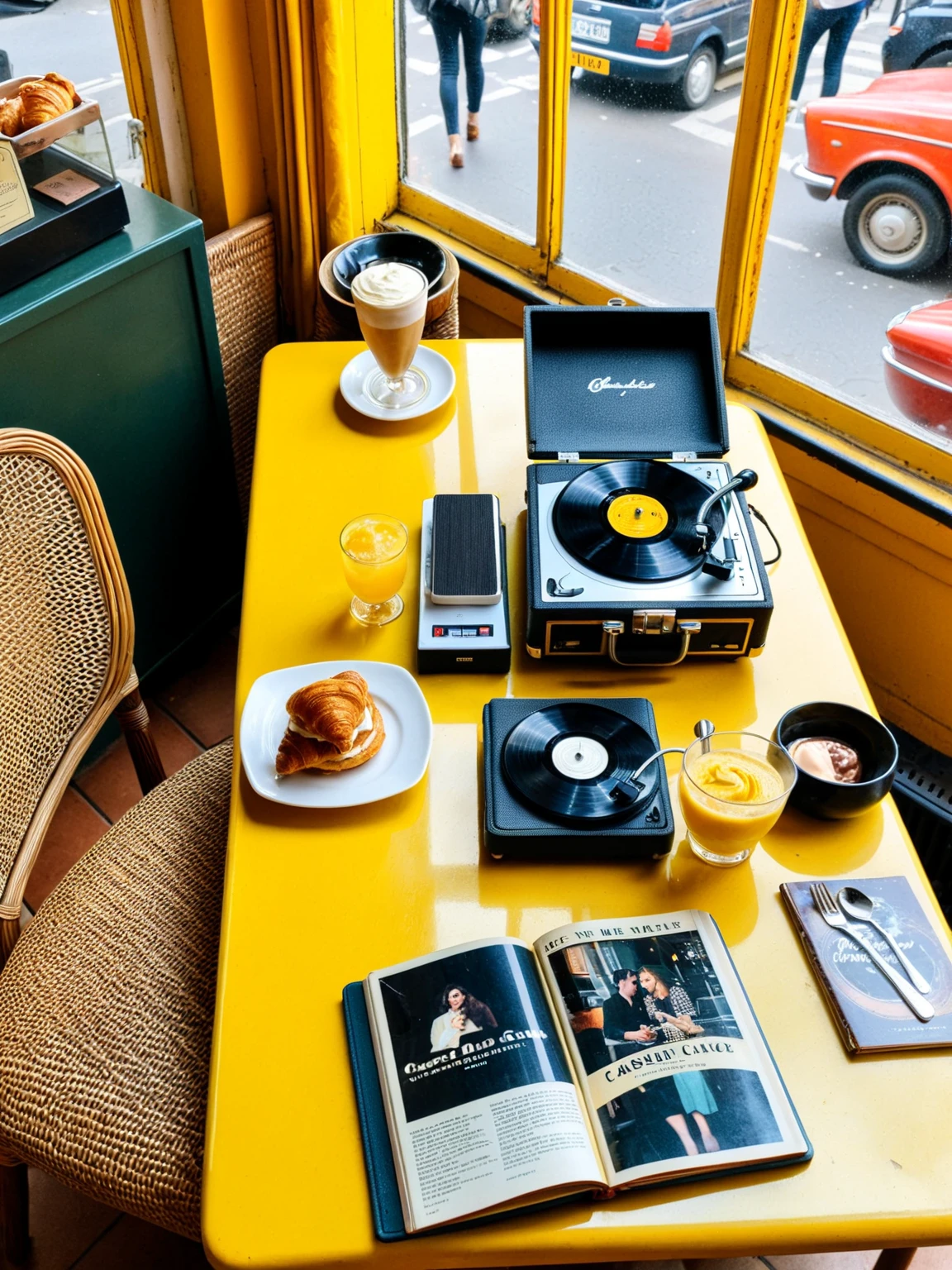 View inside a French cafe, with a vintage record player on a table, surrounded by croissants, ice cream and album covers on a light yellow table. There are couples sitting at the tables. The café has an atmospheric, cosy atmosphere.