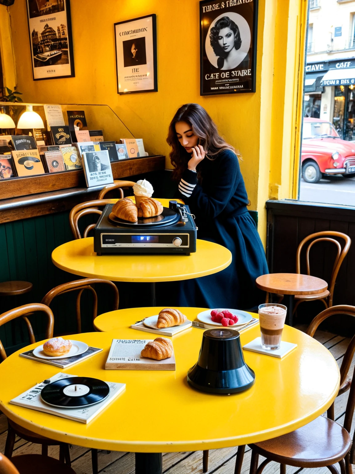 View inside a French cafe, with a vintage record player on a table, surrounded by croissants, ice cream and album covers on a light yellow table. There are couples sitting at the tables. The café has an atmospheric, cosy atmosphere.