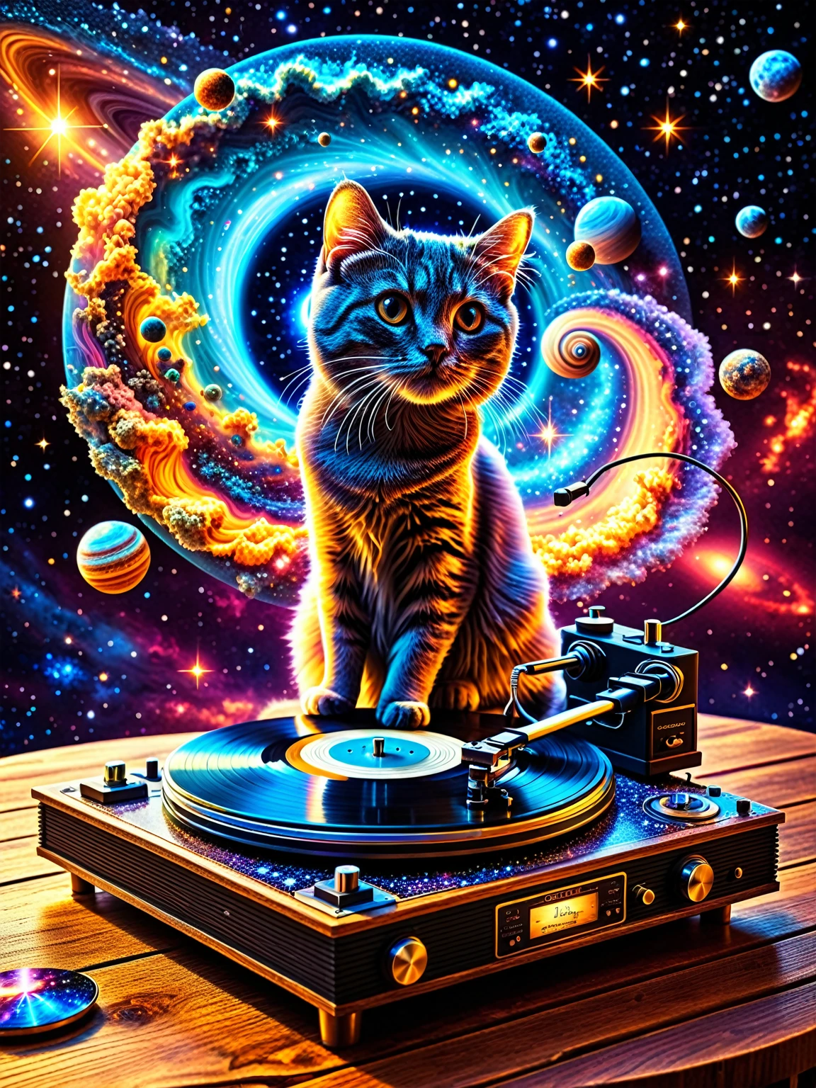 A surrealistic digital painting of a vintage record player sitting on a wooden table. As the record spins, a swirling galaxy spills out from the speaker, engulfing the room in stardust and nebulae. Planets and stars orbit around the record player, casting an ethereal glow on the surrounding objects. A cat sits on the table, seemingly unfazed, gazing curiously at the cosmic phenomenon. The room is dimly lit, with warm light emanating from the galaxy. The scene has a whimsical and dreamlike quality, with intricate details and a vibrant color palette. 8k resolution, fantasy art, trending on artstation, award-winning.
