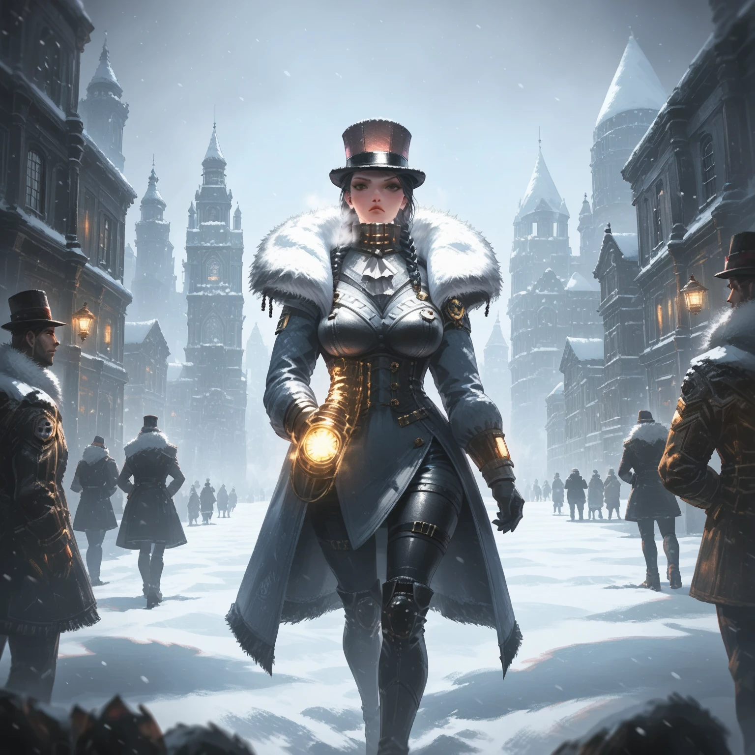 score_9, score_6_up, score_5_up, score_4_up, rating_safe, [background](whiteout snowstorm frostpunk city),
 [environment](snow, snowstorm, whiteout snow), 
[style](frost punk, Steampunk, frostpunkfaction, stalwart, frost punk, Steampunk, frostpunk, frostpunkfaction), 1girl, asian girl, heavy fur coat, high collar, stalwart, frostpunk, frostpunkfaction, snow, snowstorm, frostpunk city, portable generator, brass goggles, white scarf, detailed face, gorgeous lips,  green eyes, large breasts, huge ass, very curvy, thick thighs, plump,  black hair,  purple gradient hair,  long hair,  30 years old, bangs, outdoors, in the Victorian city, light frown, median furrow, 