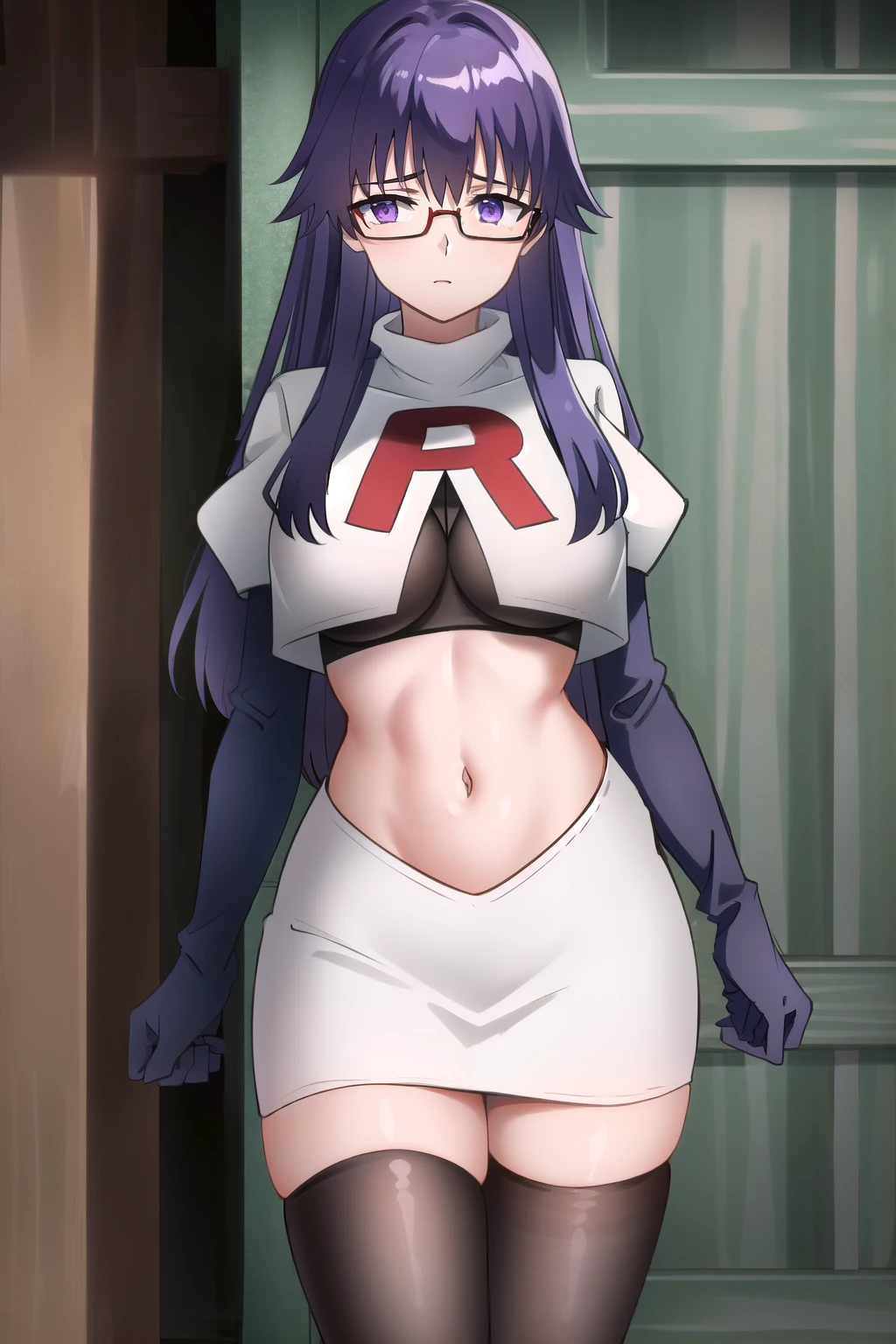 (extremely detailed CG unity 4k wallpaper),(masterpiece),(best quality),(ultra-detailed),(best illustration),(best shadow),(absurdres),(detailed background), Sheele, 1girl, solo, purple hair, glasses, breasts, long hair, purple eyes, large breasts, medium breasts, team rocket,team rocket uniform,white skirt,red letter R,crop top,black thigh-highs,black elbow gloves,,outdoors, 