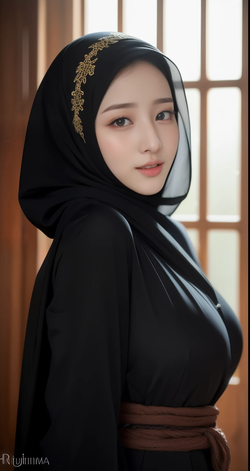 (Masterpiece, top quality, best quality, official art, beautiful and aesthetic: 1.2)
(1girl)
(Hyuga Hinata from Naruto anime, long black hair, radiant white eyes, captivating with Byakugan eyes)
(Beautiful, ethnic allure in Black clothes)
(Majestically posing against a mosque background, wearing a hijab that covers her head and neck)
(Ultra detail, realistic representation of fabric texture, wrinkles, and intricate hijab design)
(Her mesmerizing eyes reflecting tranquility and strength, gaze fixed on the viewer)
Proportional body, perfect body figure, alluring, glamorous, sexy