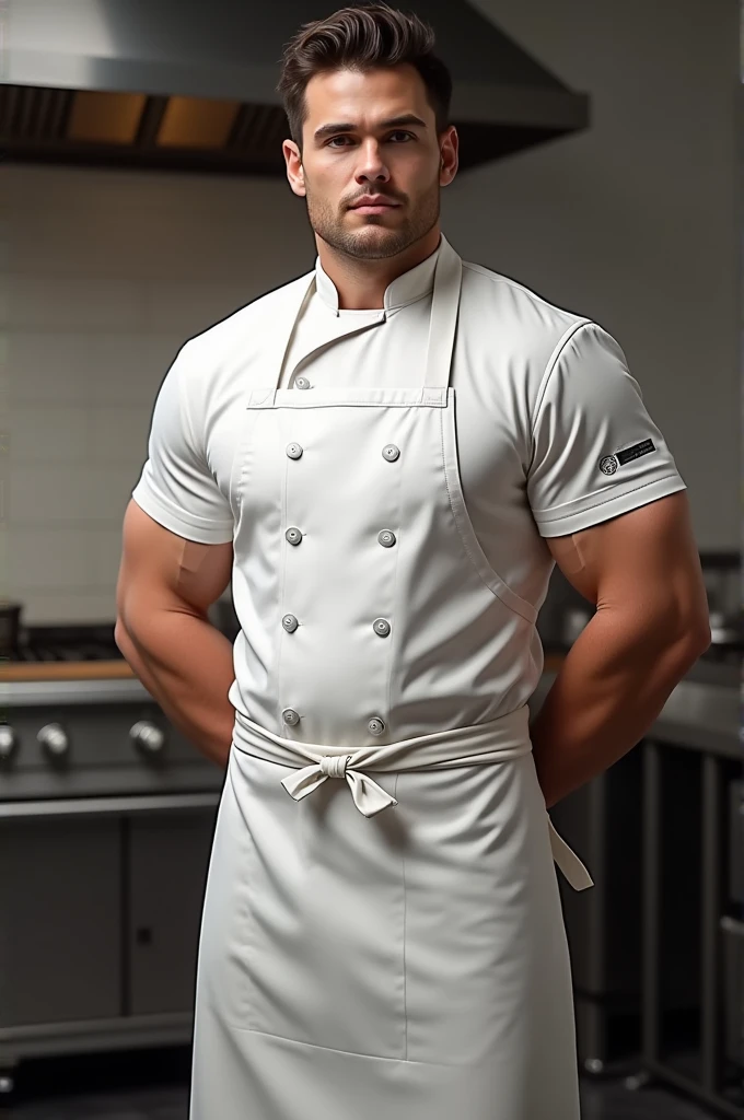Chris Redfield from Resident Evil Village, 52 years old, Homem gostoso e musculoso sem roupa, the man only wears nothing and is preparing something in the kitchen, the man is seducing and touching the food, hairy chest, the muscles tighten the little apron, leaving the muscles in evidence, avental apertado no corpo e nos peitos musculosos, wearing black socks, sock fetish, full body shot