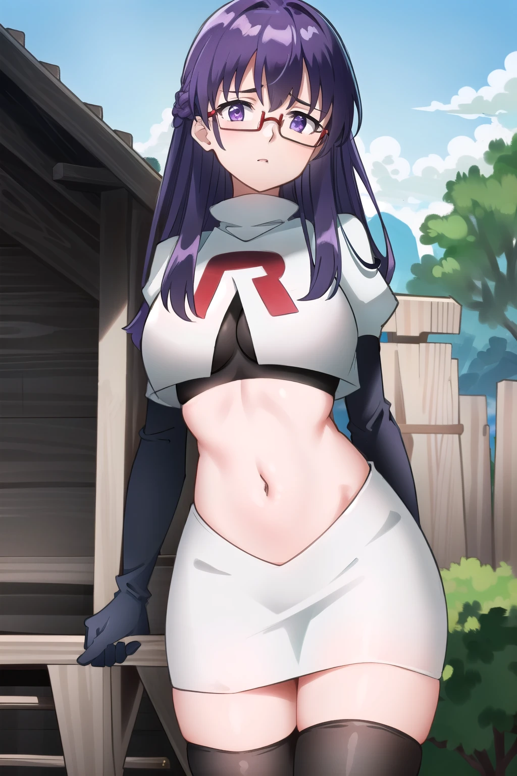 (extremely detailed CG unity 4k wallpaper),(masterpiece),(best quality),(ultra-detailed),(best illustration),(best shadow),(absurdres),(detailed background), Sheele, 1girl, solo, purple hair, glasses, breasts, long hair, purple eyes, large breasts, medium breasts, team rocket,team rocket uniform,white skirt,red letter R,crop top,black thigh-highs,black elbow gloves,,outdoors, 