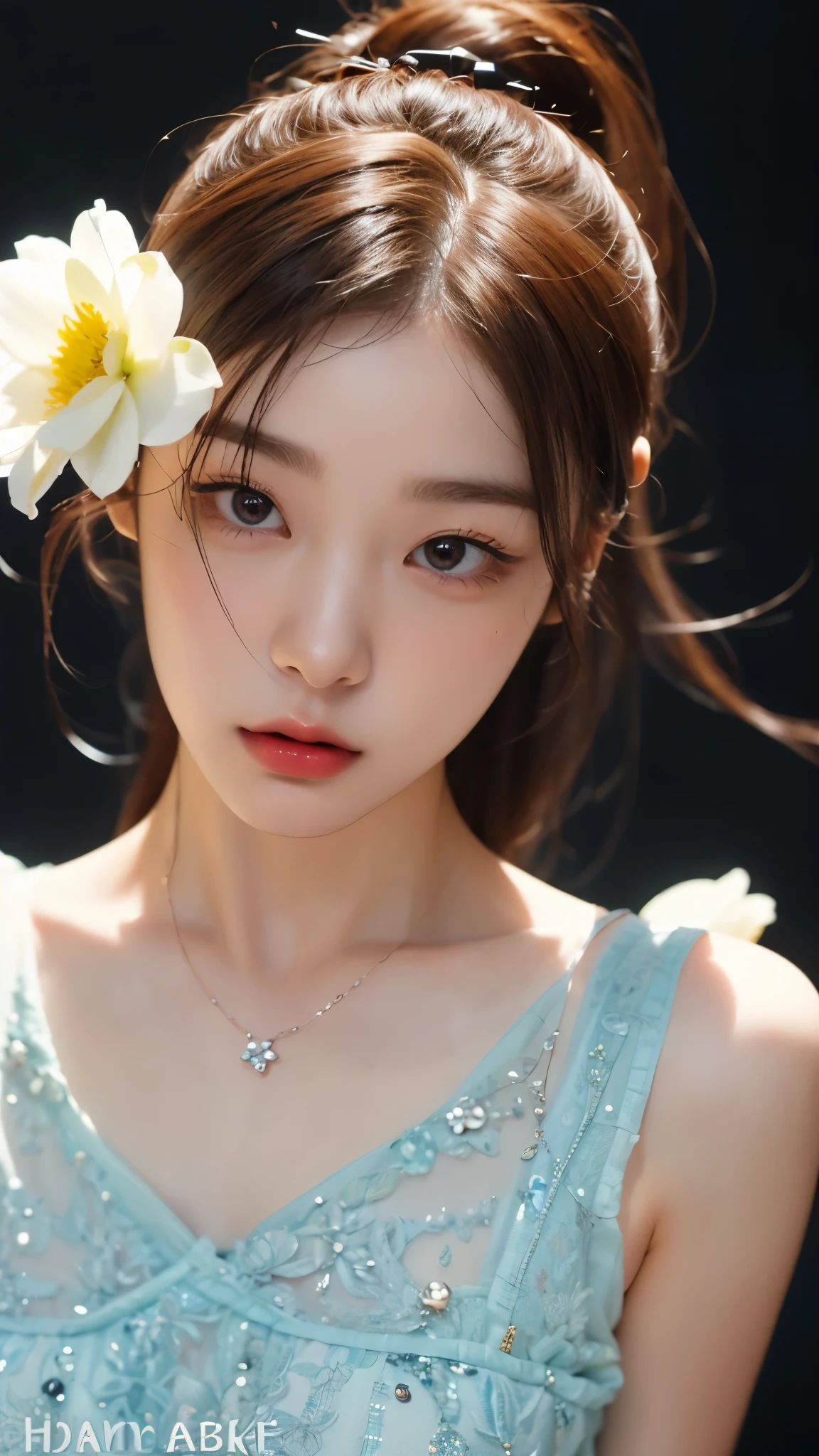 (masterpiece), (best quality), (ultra detailed),(disheed hair),(illustration), (1girl), (Fashionable clothing), standing, Fashion model, looking at viewer, (interview), (simple background), Beautiful detailed eyes, delicate beauty, floating, (high saturation), (colorful splash), colorful bubbles, (shine), focus on the face, Ayaka Kamisato, bangs, scrunchies, floating flowers, flowing hair, (shiny), best lighting, best shadows, perfect hands